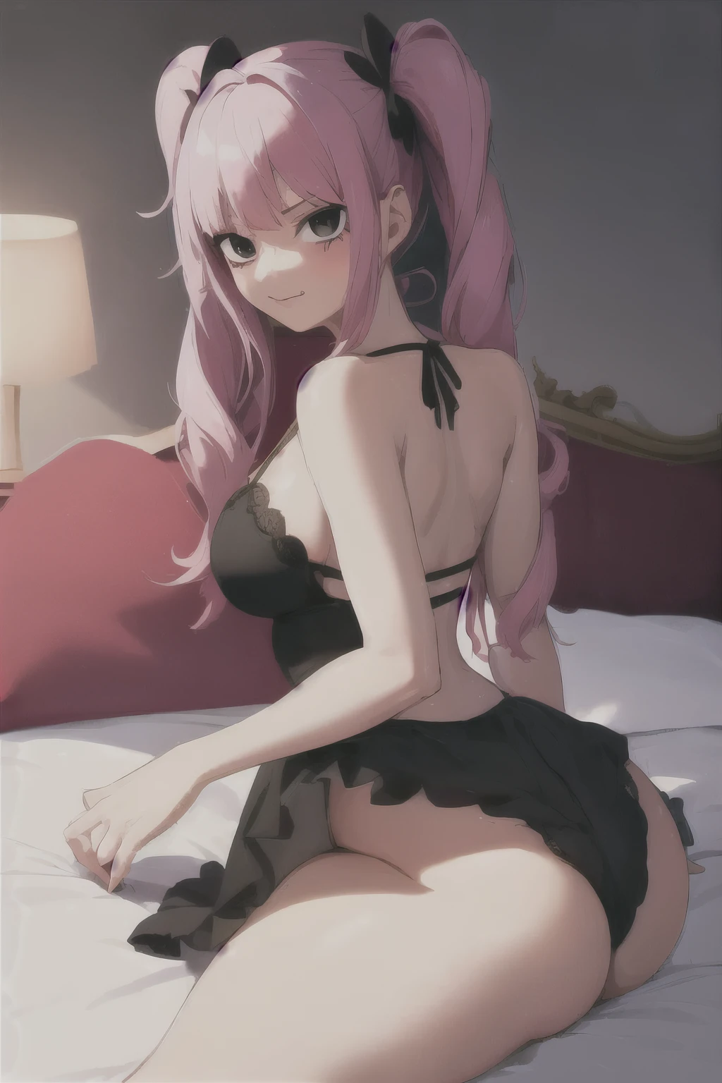 anime girl in black lingerie sitting on a bed with a red headboard, seductive anime girl, anime girl with skirt, anime girl showing her ass, beautiful alluring anime woman, attractive anime girl, anime girl, oppai, an anime girl, anime woman, female anime character, beautiful alluring anime , beautiful anime woman, anime character, beautiful anime girl, (anime girl), sultry smirk