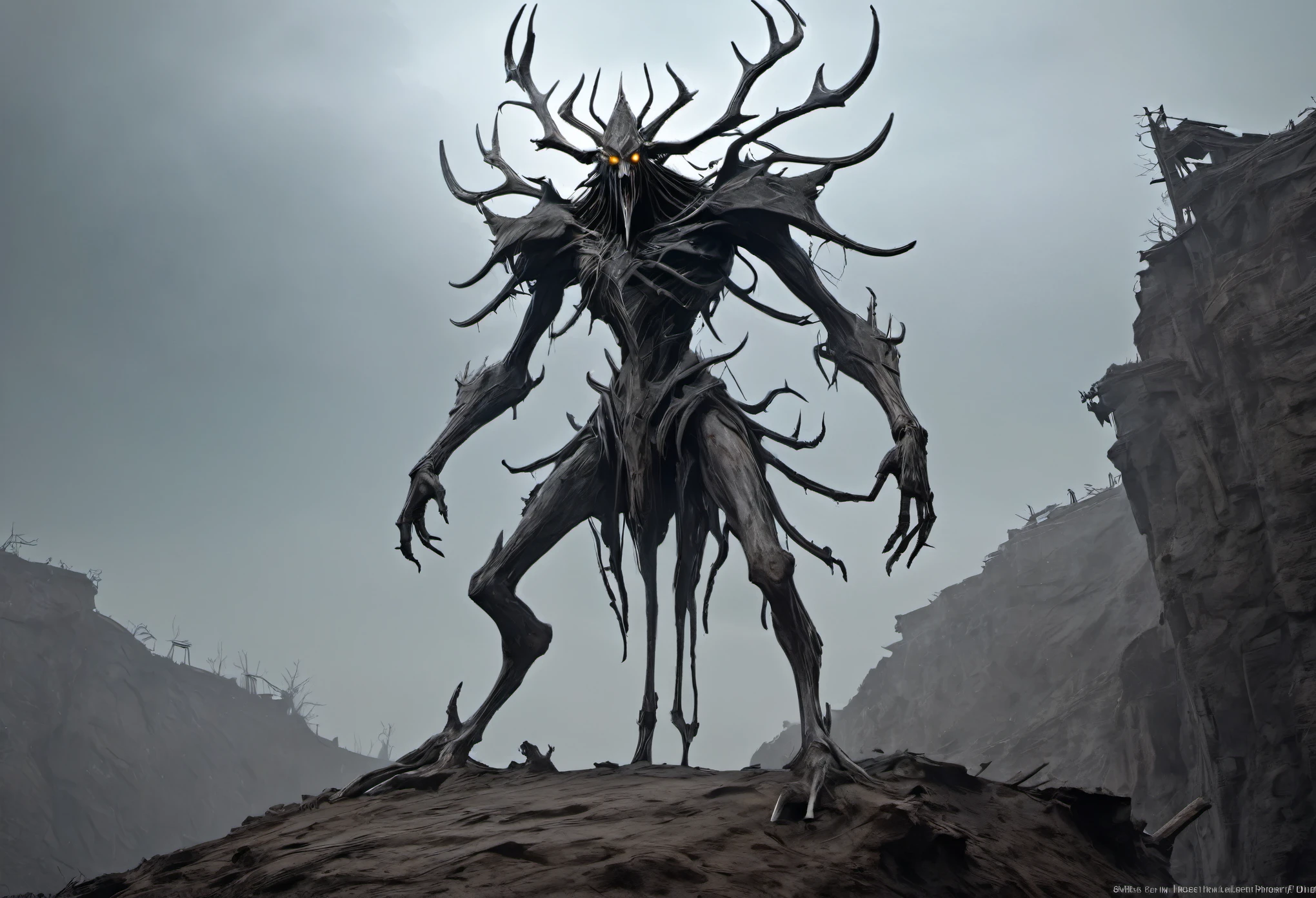 The Wendigo is stand on the cliff, (best quality,patriarch),(Very subtle colors), ,It is set in a post-apocalyptic wasteland with the ruins of a once great civilization. ,perfect composition, The best exhibition, (golden ratio:1.2) , HDR, Amazing,movie light, Trending on Artstation,Trending on CGSociety, professional photos,Great detail.,