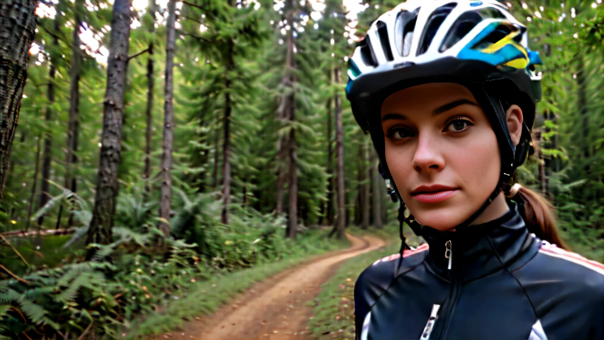 There is a woman wearing a helmet and a bicycle in the woods, Portrait shoot, mountain bike helmet, Posing for photos, Photo of a female cyclist, riding, helmet view, close up Portrait shoot, # Movie, medium shot, pov photo, looking at camera, looking into camera, Still photos, POV shooting, inspiring, close portrait, Close up shot