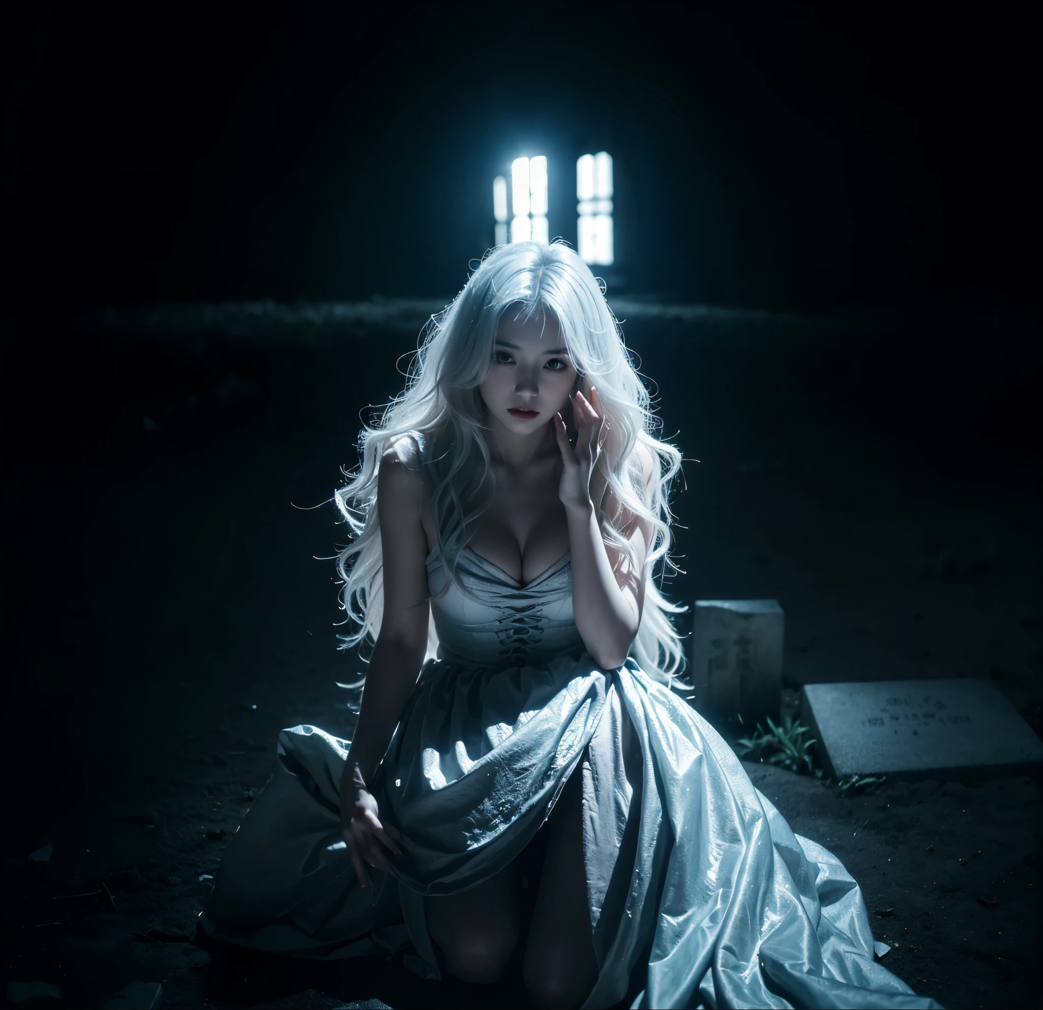 (very sharp photo result & detailed face)) (((detailed texture))) (((Best Quality))), (((masterpiece))) (((hyper realistic photo)) night scene, less light, backlight dramatic shoot of a pretty pale japanese with long wavy white hair, gothic makeup with good body, hands covering her chest, tights raised, moist glowy body skin, wear long white dress, lies on the concrete cracked texture grave ground with aestethically pose, graveyard environtment, greass, sands, gravestones, dramatic shade of light, good anatomy, good body proportion, dramatic light & shadow photography, blue tone lighting accents, medium format, correct anatomy, correct hand & fingers anatomy