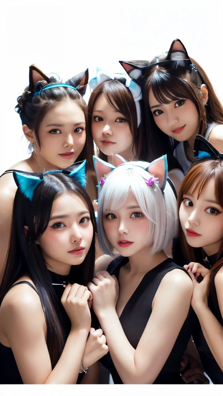 masterpiece, 4k, Bokeh, beautiful face, Harem, (multiple girls:1.4), (Group Photo:1.5), (Cat ears:1.3), (white bob hair:1.3) , looking at the viewer, cowboy shot, holding many cats in both hands, (white background :1.4), closeup