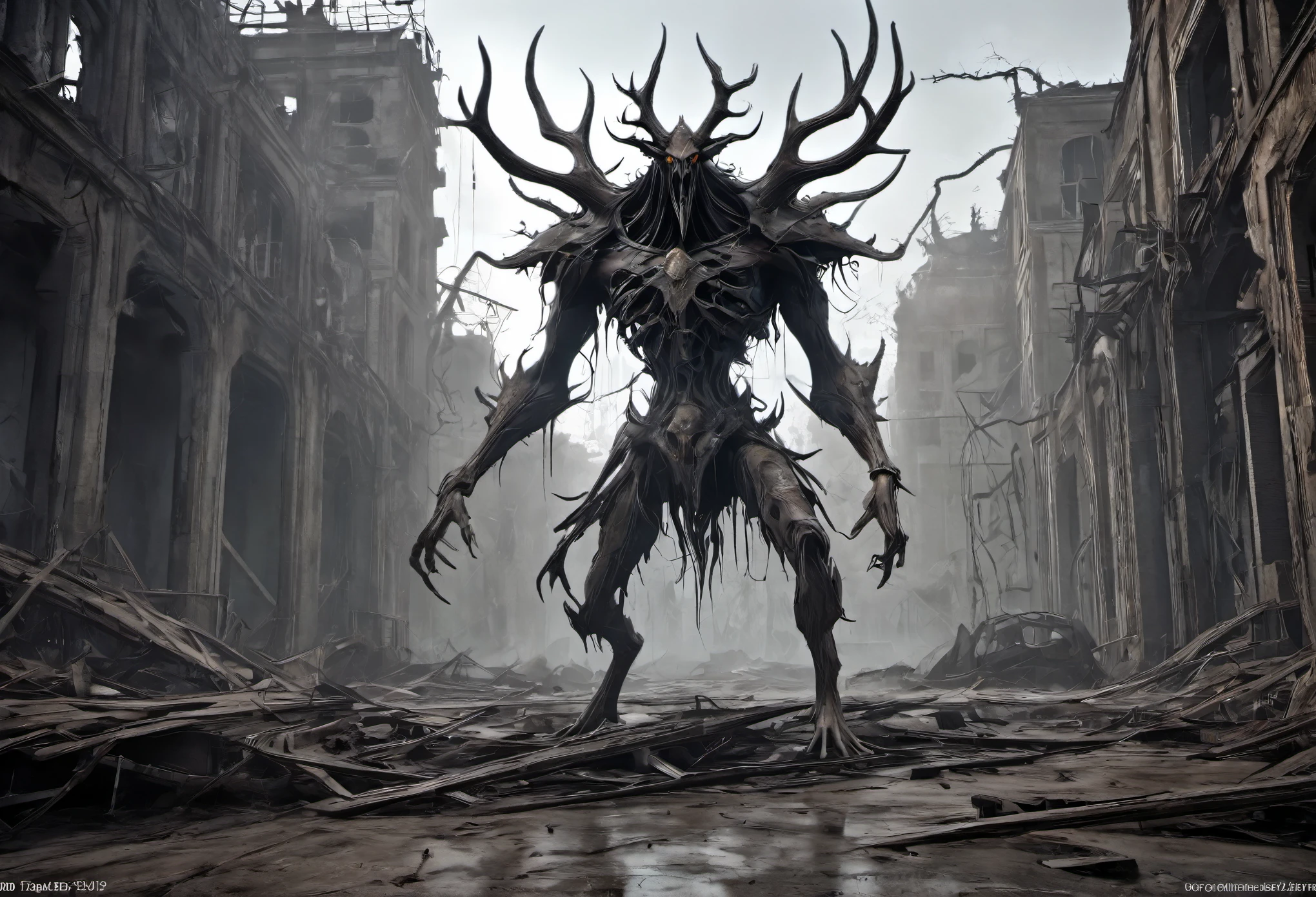The Wendigo is stand among the destroyed City, (best quality,patriarch),(Very subtle colors), ,It is set in a post-apocalyptic wasteland with the ruins of a once great civilization. ,perfect composition, The best exhibition, (golden ratio:1.2) , HDR, Amazing,movie light, Trending on Artstation,Trending on CGSociety, professional photos,Great detail.,