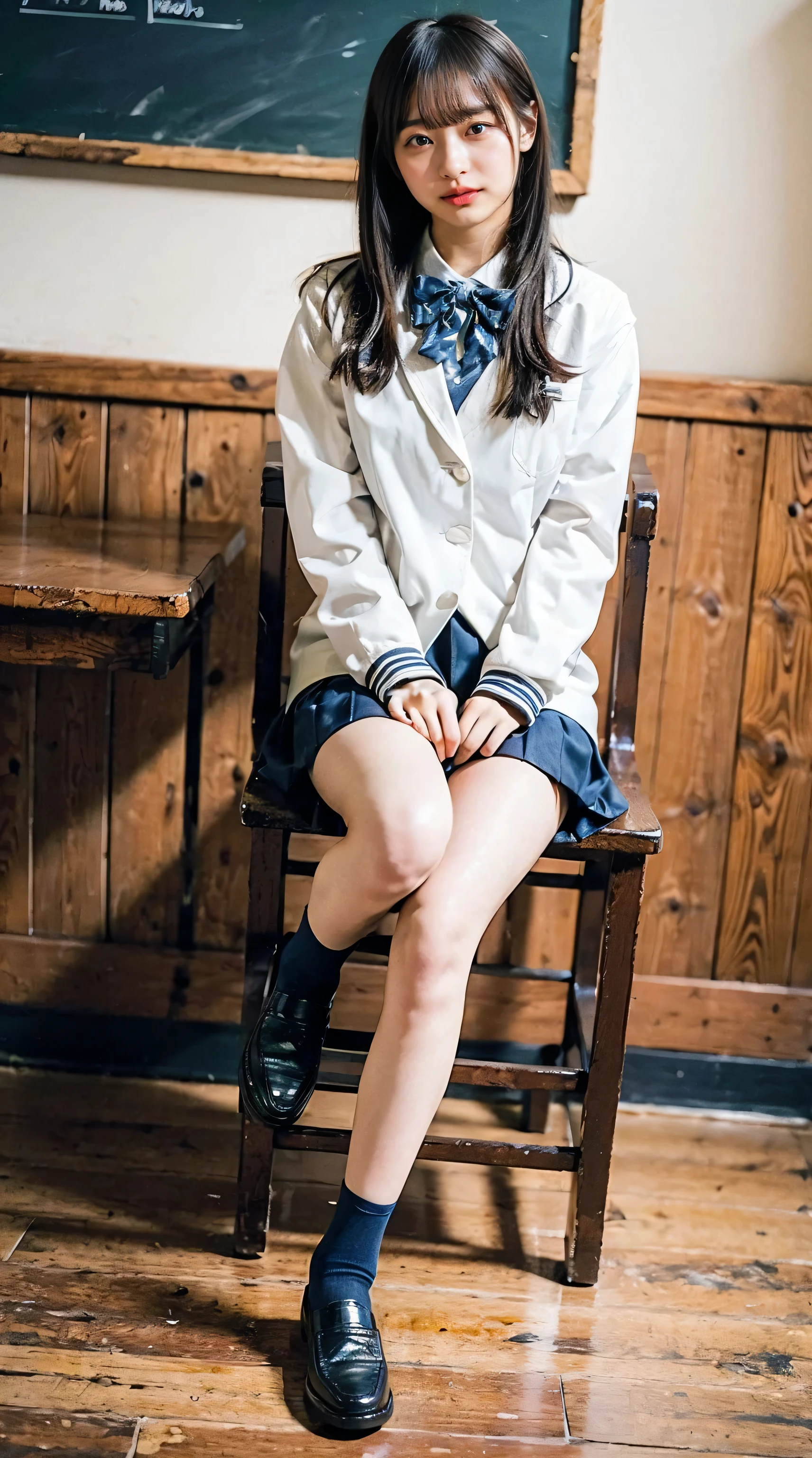 (8K、Raw photo、highest quality、masterpiece:1.2)、(realistic、Photoreal)、1 girl、((check mini skirt、loafer uniform、navy blue socks、blazer、big breasts、classroom、sat on a chair、Seen from the front、stand with legs apart、))、lots of eyelashes、Glitter on your eyelids、skeletally correct