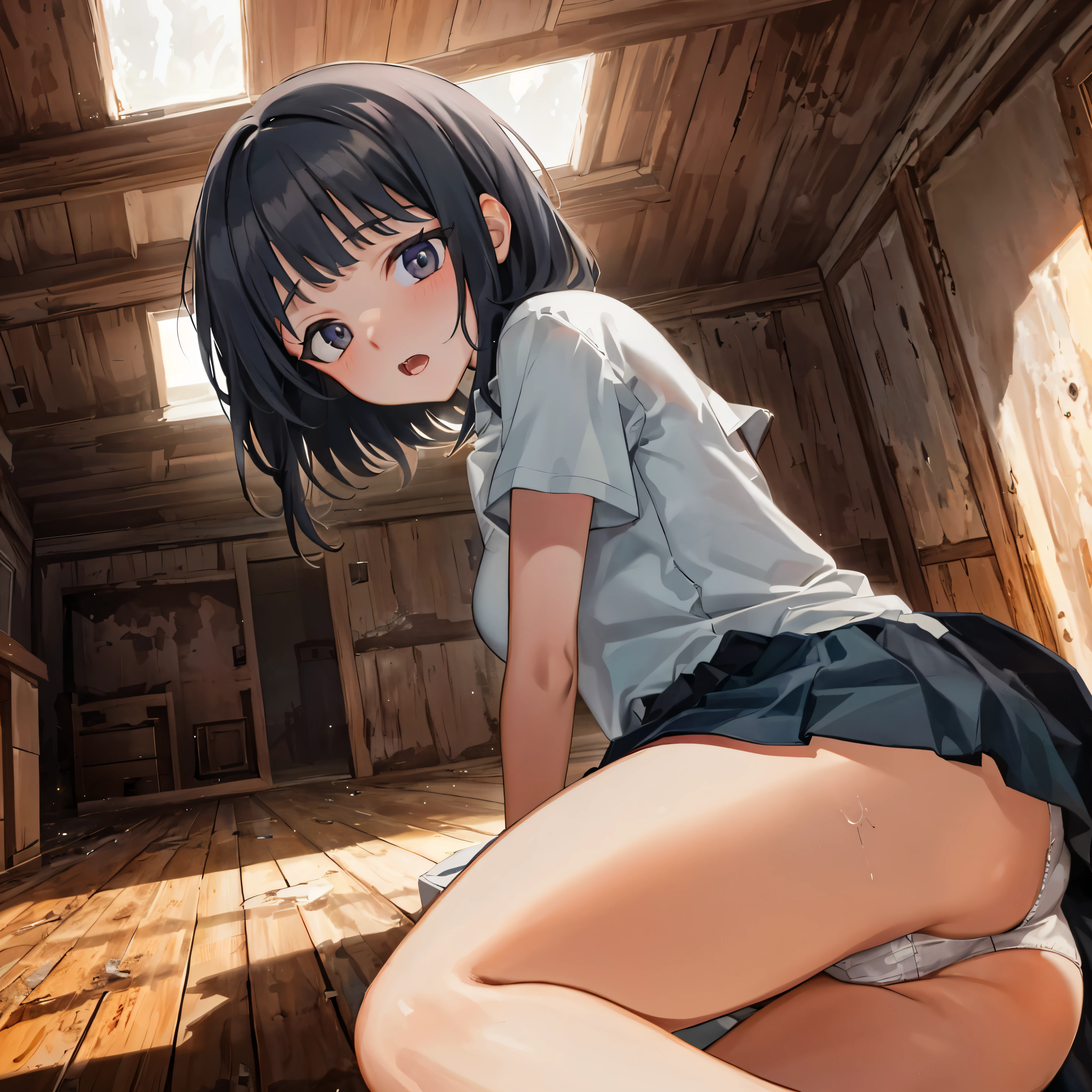 {{{Worm’s Eye View}}},dilapidated hut,restraint,frightened,white gray short sleeves,pleated mini skirt,{masterpiece,best quality illustration},High-definition panties,,{{Photoreal 1:2}},wooden floor,beautiful large breasts 1:4,{beautiful eye1:4},frightened,{{茶髪medium long hair}},{{calf white socks}},{{droopy eyes}}