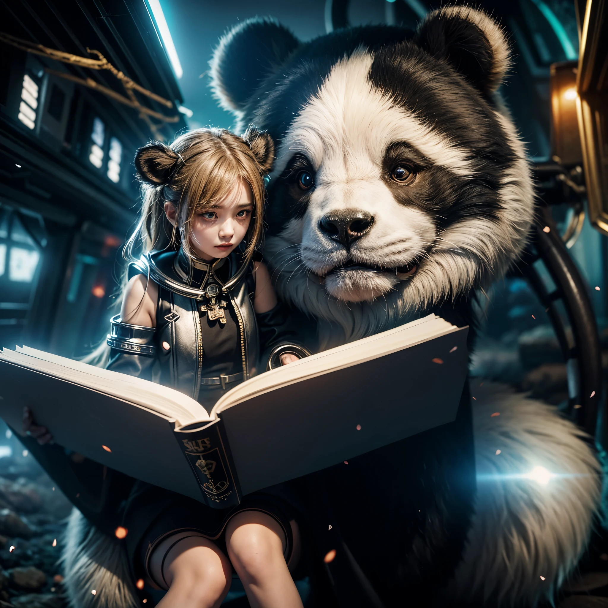 (((The girl rides on the shoulder of a giant panda reading a magic book))),((Girl close-up strengthened)),(((ultra fine))),Night,Moonlight sprinkled on the girl's face,Shoot at 8K resolution,Gasoline liquid,,Lithography in intricate details,dongh(Light particles:1.2),(game concept:1.3),(deep of field:1.3),Global illumination,well detailed,Trends on ArtStation,Epic shooting,Cinematic lighting