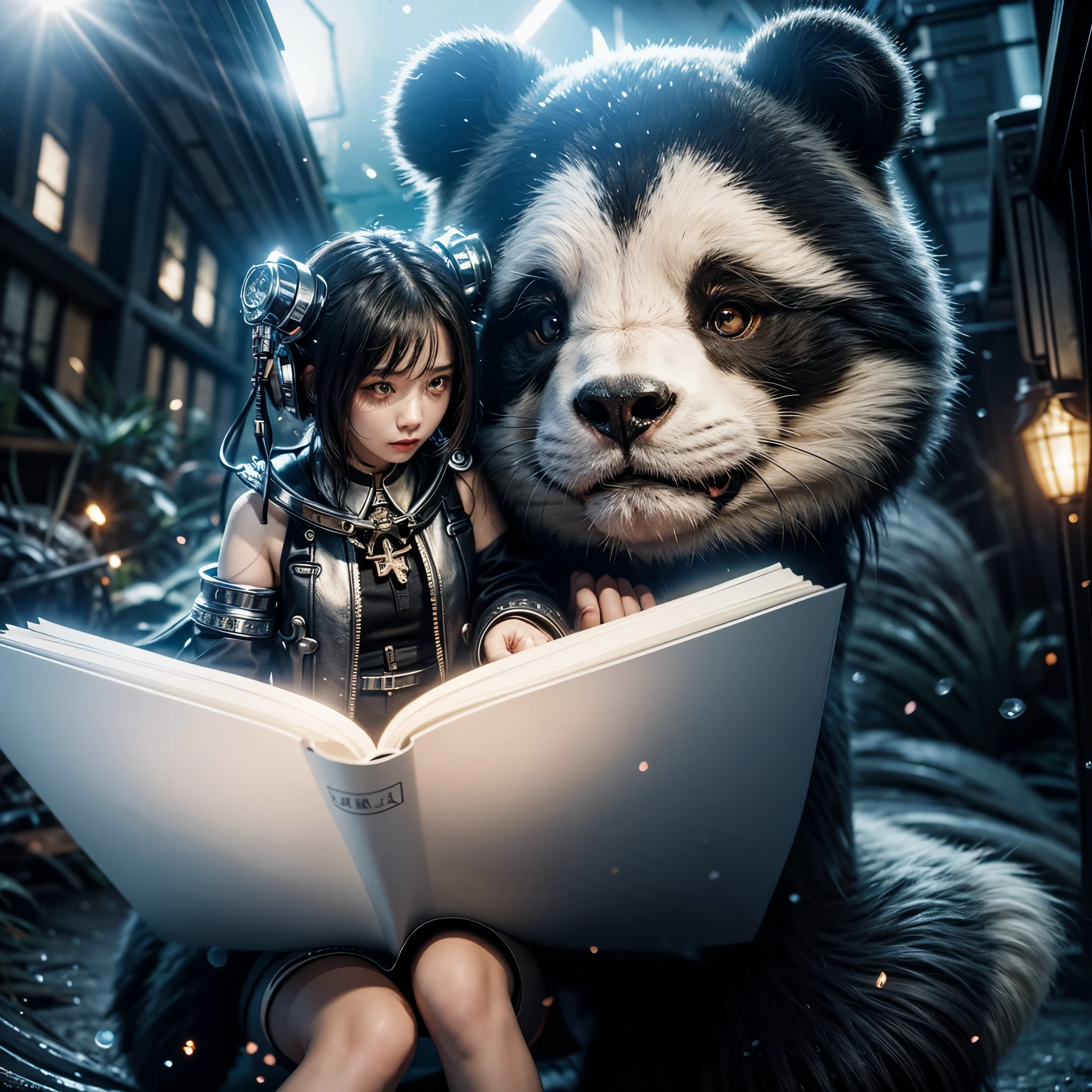 （（（The girl rides on the shoulder of a giant panda reading a magic book））），（（Girl close-up strengthened）），（（（ultra fine））），Night，Moonlight sprinkled on the girl's face，Shoot at 8K resolution，Gasoline liquid，，Lithography in intricate details，dongh（Light particles：1.2），（game concept：1.3），（deep of field:1.3)，Global illumination，well detailed，Trends on ArtStation，Epic shooting，Cinematic lighting