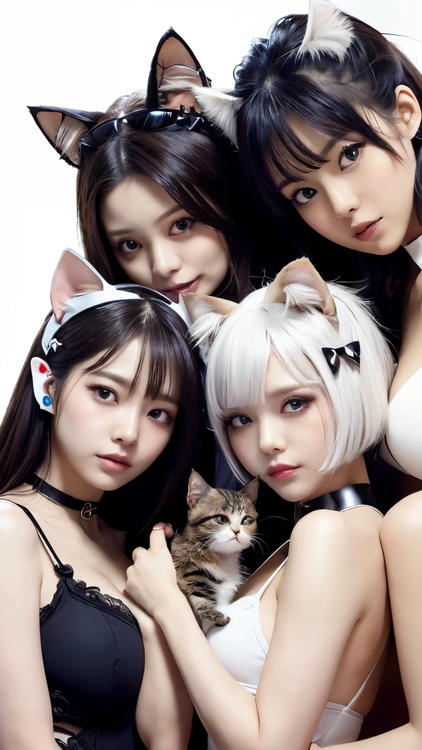 masterpiece, 4k, Bokeh, beautiful face, Harem, (multiple girls:1.4), (Group Photo:1.5), (Cat ears:1.3), (white bob hair:1.3) , looking at the viewer, cowboy shot, holding many cats in both hands, (white background :1.4), closeup