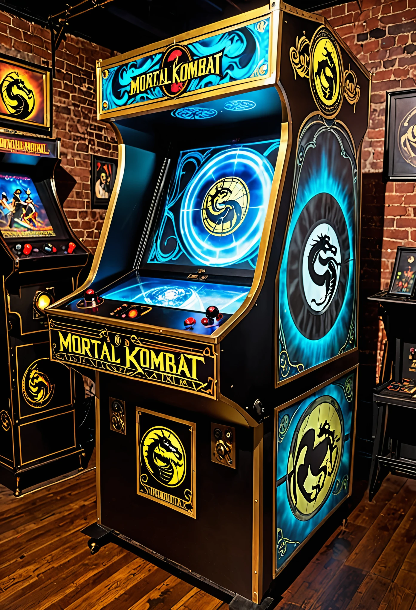 Mortal Kombat arcade game, made in 1800s England, steampunk machine, holographic gameplay projected on a cloud of steam