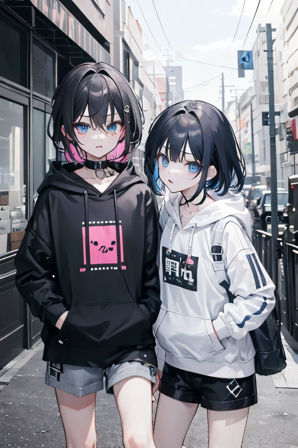 Female Duo、black hoodie、white hoodie、shorts、
cute、black hair with pink tips、Fashionable、３✕３eyes、blue eyes、
sickness、with a serious expression、have a gun、I&#39;m ready、