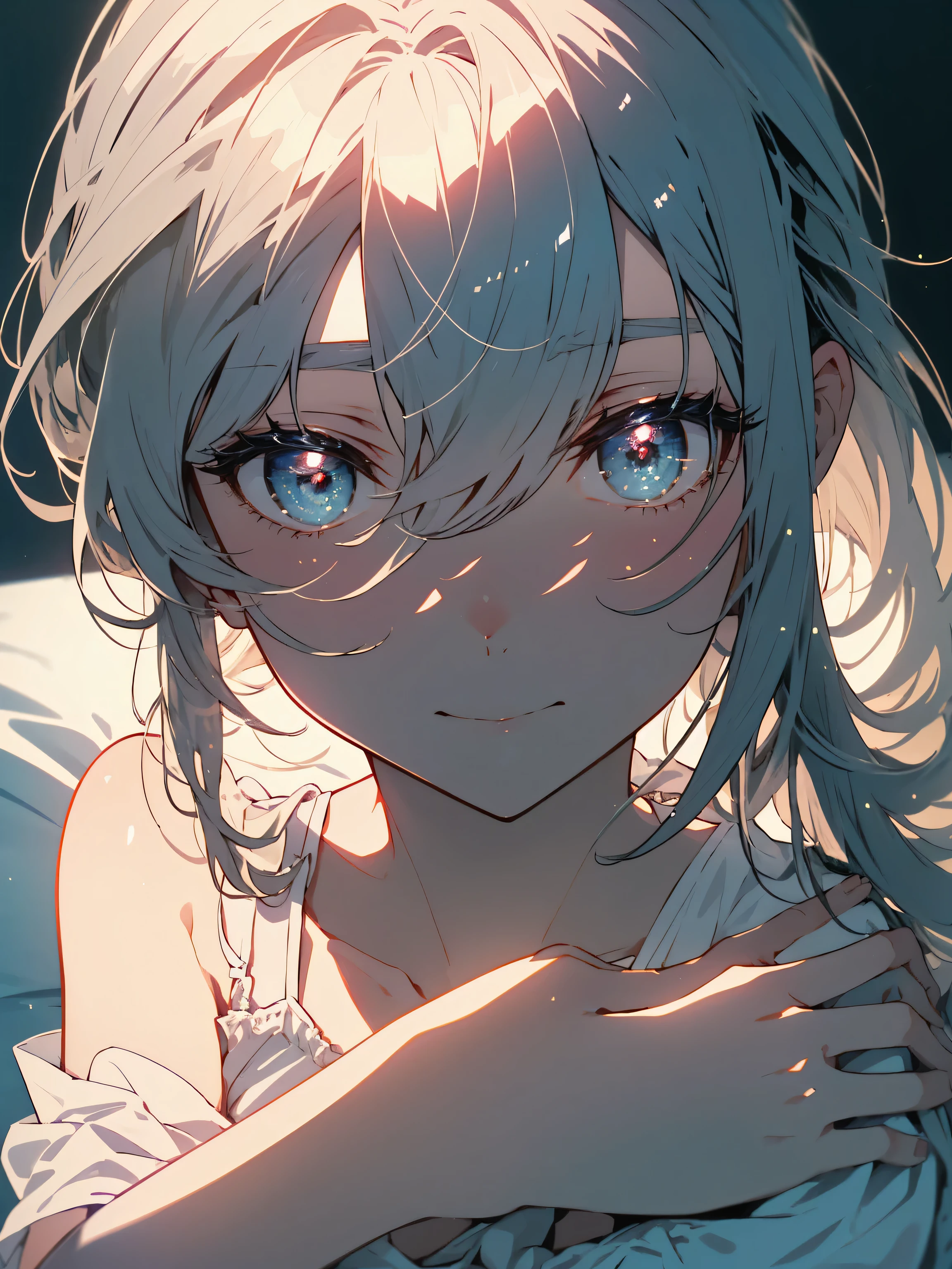 masterpiece, best quality, high quality, detailed, ultra detailed, hyper detailed, insanely detailed, exquisite, beautiful, FHD, Full-HD, 4K, 8K, 16K, highres, absurdres, woman, shy, glaring, lying on back, looking at viewer, hair between eyes, hair over one eye, silver hair, blue eyes, tall, glamorous, off shoulder, undone clothing, pajamas, hair ribbon, blush, in the bedroom, with a bed, at night, cel anime, upper body, from front, golden ratio