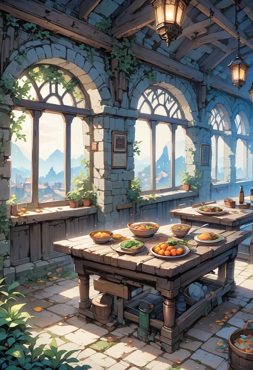 Model shooting style, (Extremely detailed CG 8k wallpaper), There is a wide and long wooden table in the center of the room,It's full of food scraps, An old and spacious room, There are stone walls,A bit high, There is no ceiling, There is a Roman stone arch in ruins at the back of the room,leads to garden