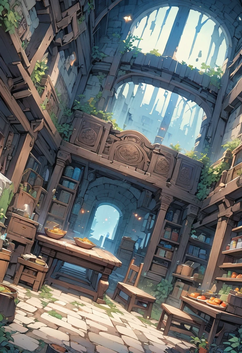 Model shooting style, (Extremely detailed CG 8k wallpaper), There is a wide and long wooden table in the center of the room,It's full of food scraps, An old and spacious room, There are stone walls,A bit high, There is no ceiling, There is a Roman stone arch in ruins at the back of the room,leads to garden