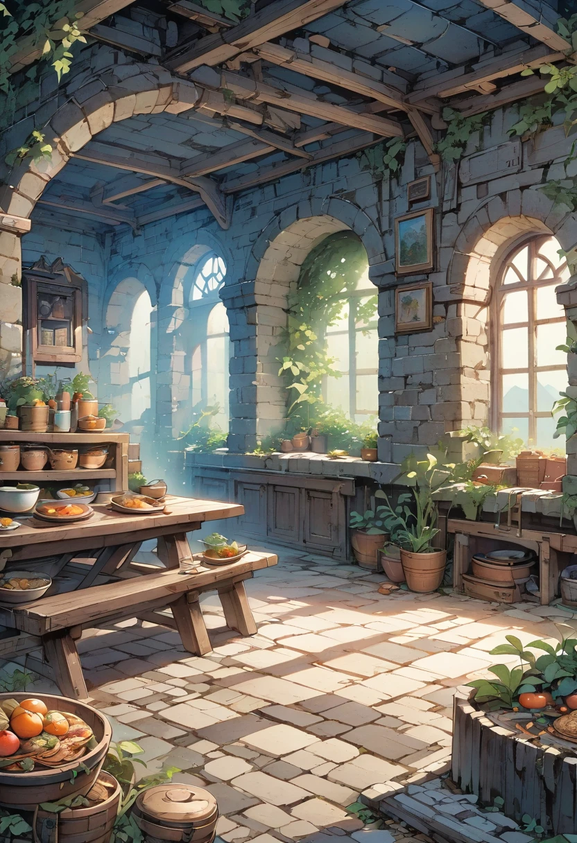 Model shooting style, (Extremely detailed CG 8k wallpaper), There is a wide and long wooden table in the center of the room，It&#39;s full of food scraps, An old and spacious room, There are stone walls，A bit high, There is no ceiling, There is a Roman stone arch in ruins at the back of the room，leads to garden  