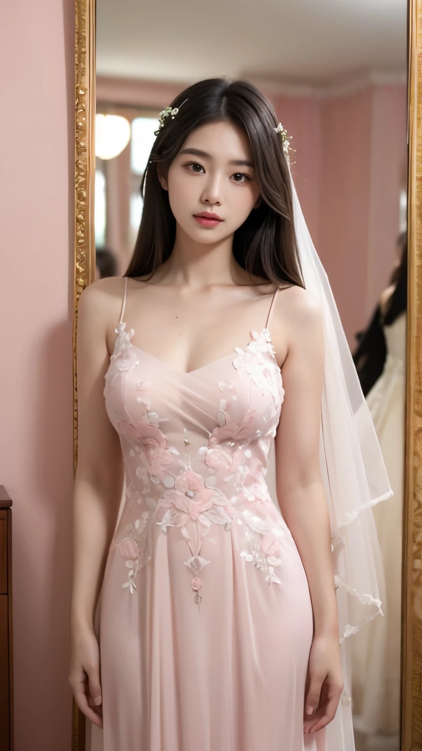 ((best quality)), ((masterpiece)), (detailed), perfect face, very big breasts, ultra high resolution room, 8k, perfect body, hud, Ergonomic, small face, long eyelashes, Sparkling pink lips, eye for detail, clean skin, blemish-free face, korean beauty, 20 year old woman, 1 woman, beautiful pink wedding dress, Bride standing in front of a mirror in a bridal shop, whole body, (Pink embroidered see-through wedding long dress:1.3), wide dress, ridiculously big tits, 