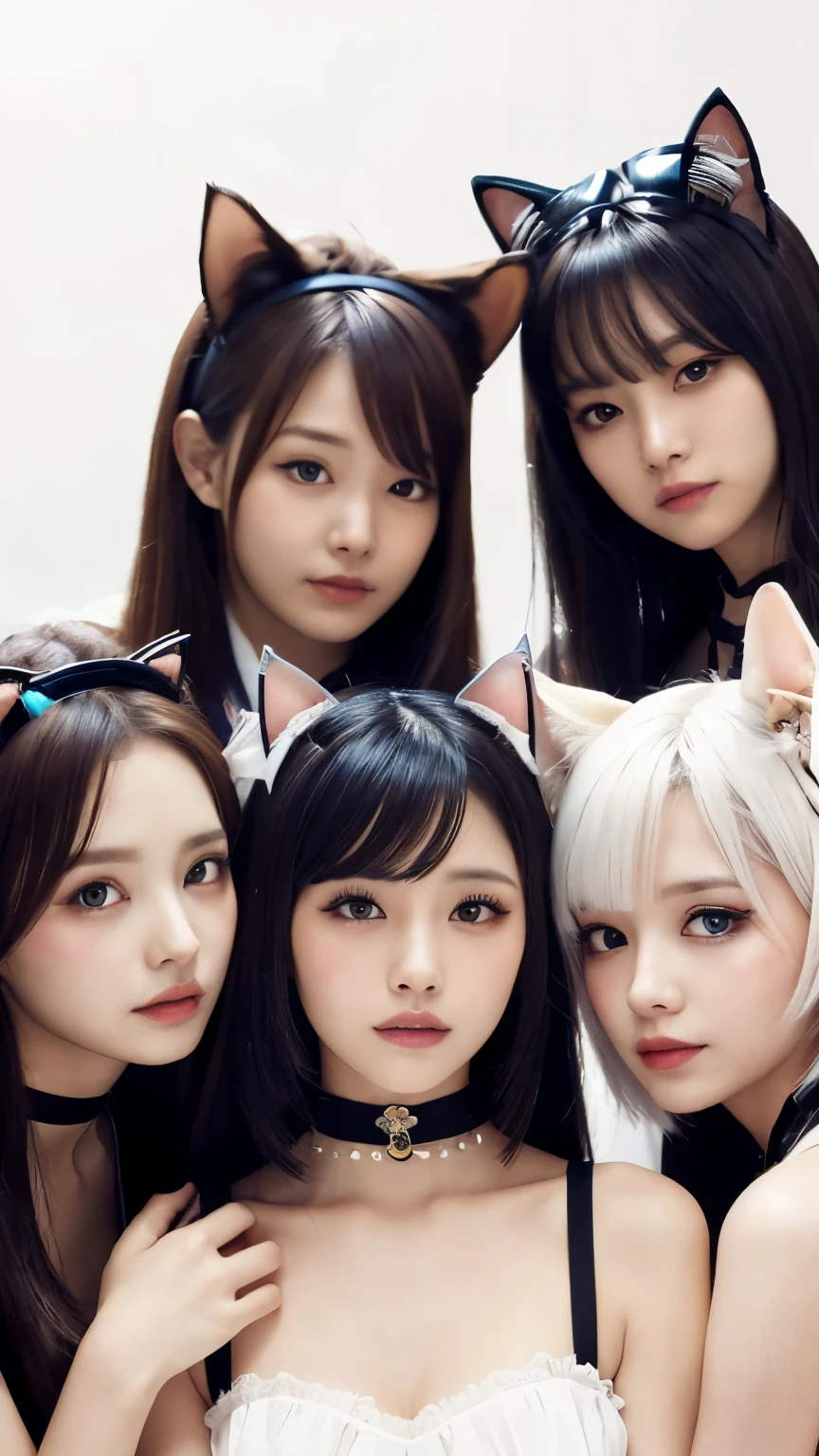 masterpiece, 4k, Bokeh, beautiful face, Harem, (multiple girls:1.4), (Group Photo:1.5), (Cat ears:1.3), (white bob hair:1.3) , looking at the viewer, cowboy shot, holding many cats in both hands, (white background :1.4), closeup