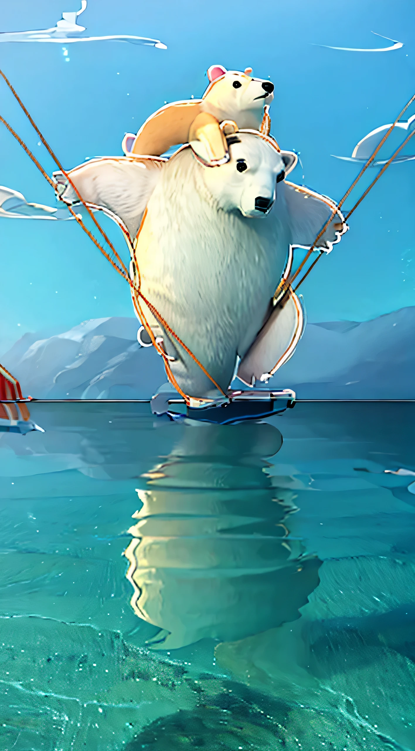 on the sea,A small polar bear lies on the head of a big polar bear,The big polar bear stands on a small piece of land with one golden rooster on one leg,You might fall into the sea if you're not careful,There are still their pitiful reflections and human garbage in the sea.。