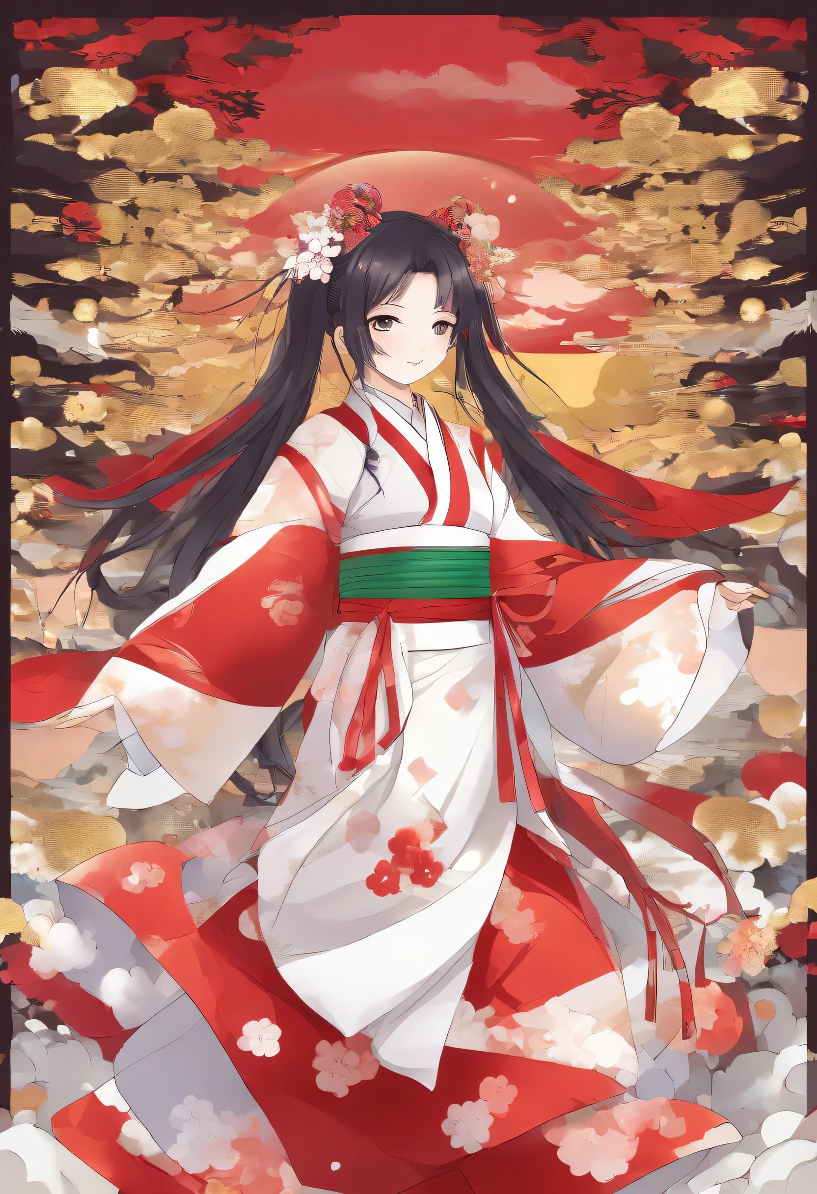 A woman dressed as a shrine maiden, around 25 years old.。 A bright smile with the corners of your mouth raised。 Her hair is black and reaches her waist.。 Halls with hands on hips々I am doing。 wearing a scarlet hakama。  That hakama looks like gold々There is a decoration。The background is full of light and golden clouds are waving.。