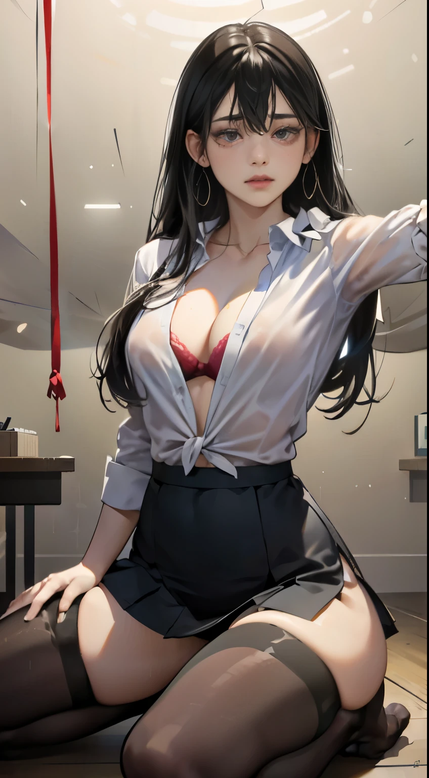 (In 8K、RAW shooting、highest quality、Masseter muscle part:1.2)、super detailed、super resolution、(realistic、realistic pictures:1.37)、Portrait、High-definition RAW color photo、professional photography、hvery detailed and beautiful、very detailed、8K image wallpaper、amazingly detailed、huge file size、official art、Hvery detailed CG Unity 8K wallpapers、hvery detailed beautiful girl、very detailed顔、very detailed目、a woman kneel down submissive, woman being dominated, very detailed肌、very fine fingers、hvery detailed nose、very detailed詳細な口、perfect anatomy、detailed background、detailed clothing、((1 girl and 1 guy1people))、(20:1.2)、20's、cute、realistic body、、white skin、glowing skin、Because I'm slender、black haired、((long hair))、(well-groomed bangs: 1.4)、cute顔、lifelike face、delicate eyes、ordering sauce、((stylish office))、((office lady))、(((No bra)))、(((blancheYshirt)))、(((女性のshirtが脱がされた、a woman's breasts are exposed.)))、((black mini skirt))、((black stockings))、((standing athletic pose))、((strong man:1.5))、((Man hugging woman from behind、Grabbing a woman's breast))、((man with all-back hair))、((Arms tied with rough ropes、girl hanging from the ceiling))、Sweat、((rope tied her body))、wet body、Aranawa that bites into the crotch、A large amount of liquid flows out from the crotch.、torn bra、wet clothes、Lift one leg onto the rough rope、tied with rope、tied up tightly、tie one's hands、hanging in shackles、((restrained))、((ULL BODYSHOT with legs spread))、earrings、necklace、bracelet、((face turned to the side))、((look at the men))、contrapo、dynamic lighting、((Firm D cup))、((cleavage))、((look behind you))、((Anguished expression))、 kneel down女性, kneel down, look up, Blowjob seen from the side, instant blowjob、looking at the viewer、perfect proportions、世界一cute