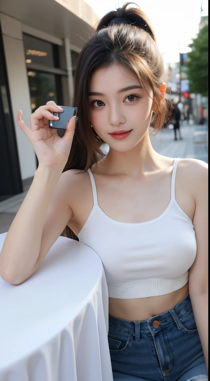 table top, highest quality, shape, Super detailed, finely, High resolution, 8k wallpaper, 完璧なダイナミックな構shape, beautiful and detailed eyes, trendy women winter fashion,small breasts natural color lip, sexy pose,smile,Harajuku、20 year old girl、sexy look for the camera