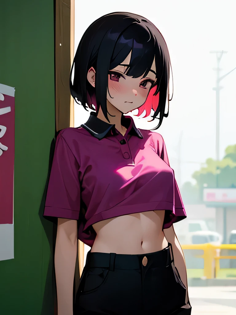 40&#39; No bra, lower body, Japanese, very short, pubic hair, transparent, beautiful breasts, embarrassing, Shyness, worries, Alley,magenta polo shirt,Black hair, no panties, underwear