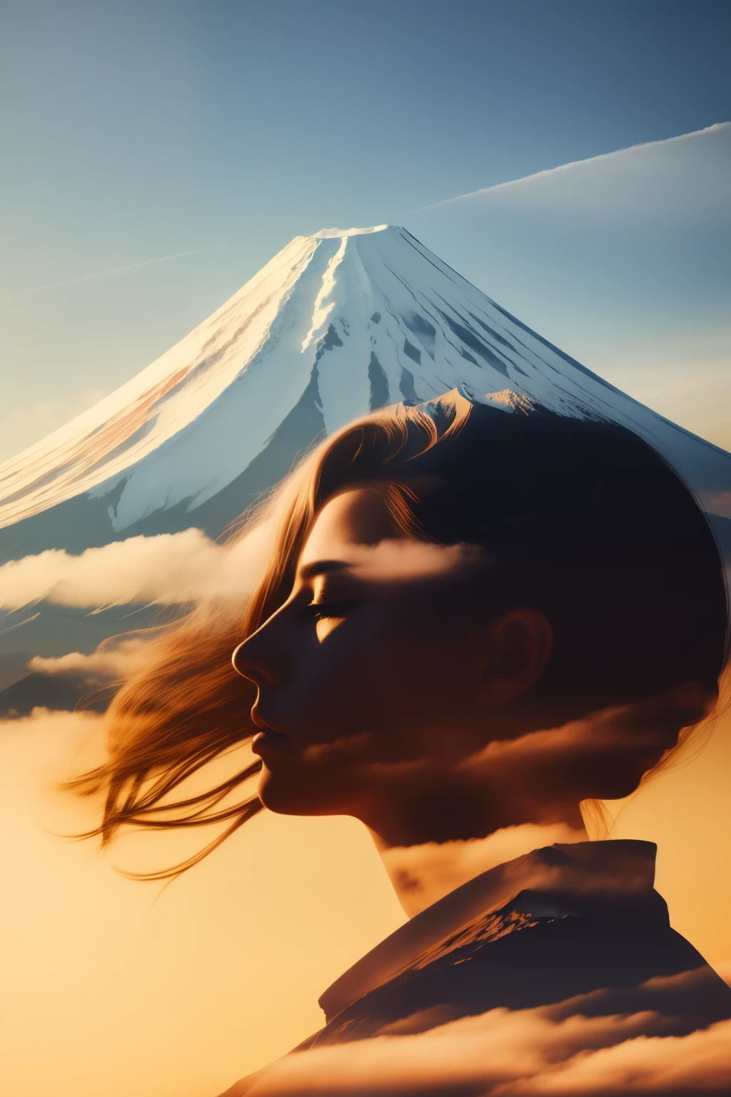 (Double exposure), 1woman,a photo of beautiful mt.FUJI, golden hour, SIGMA 85 mm F/1.4, 1/1000 sec shutter, ISO 400, award-winning, masterpiece, best quality