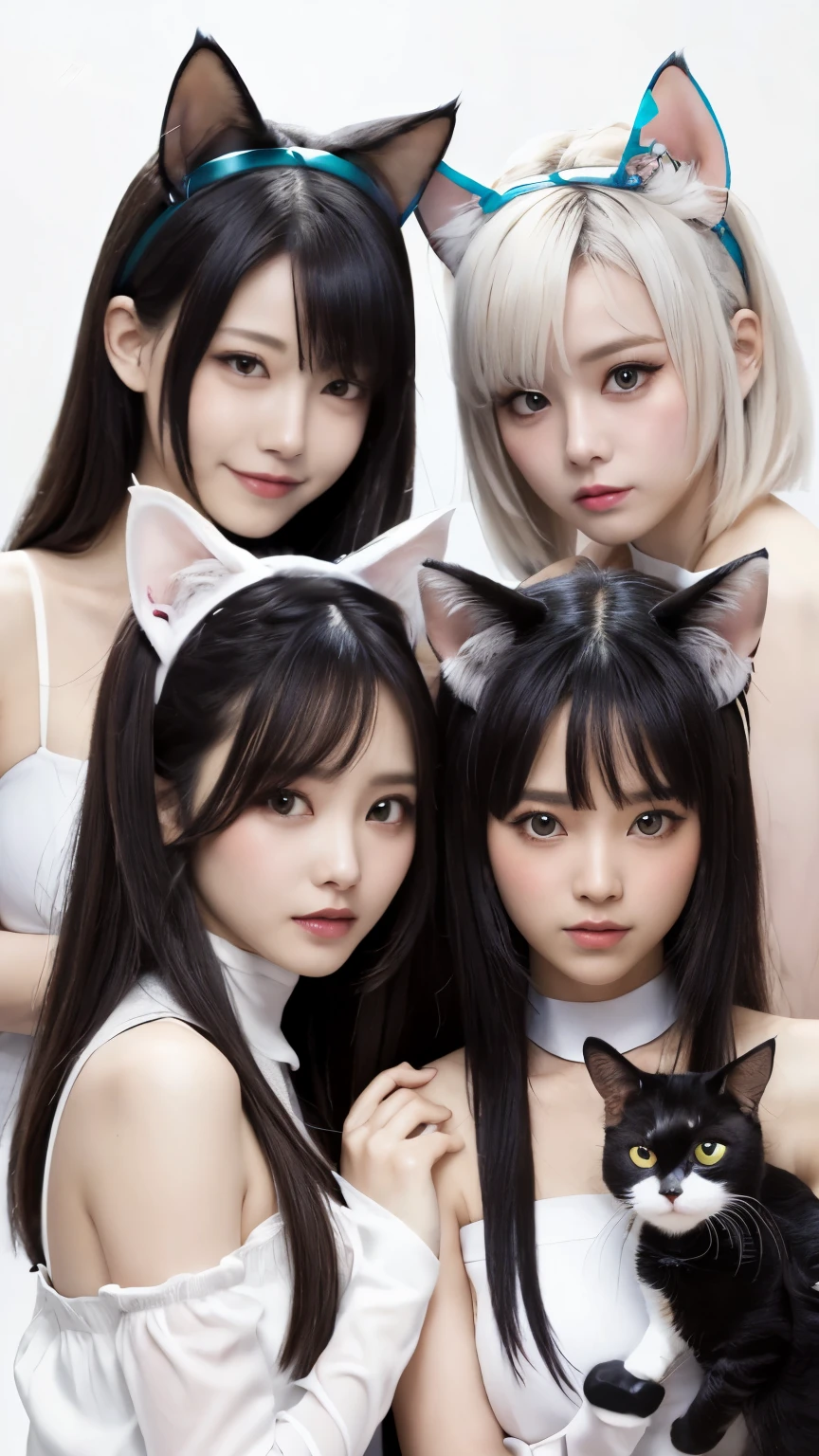 masterpiece, 4k, Bokeh, beautiful face, Harem, (multiple girls:1.4), (Group Photo:1.5), (Cat ears:1.3), (white bob hair:1.3) , looking at the viewer, cowboy shot, holding many cats in both hands, (white background :1.4), closeup