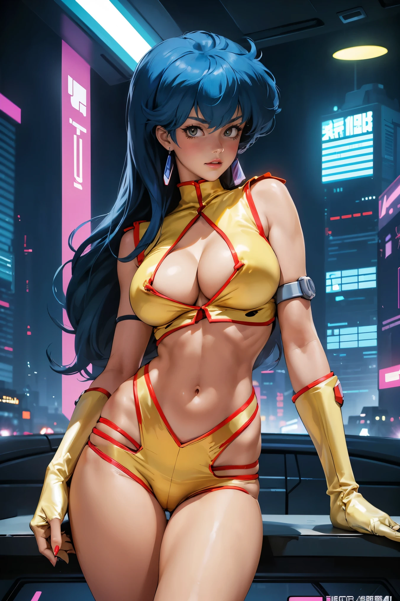 Yuri from The Dirty Pair, , wearing a tight outfit, skimpy, medium breast, (long hair), dark blue hair, beauty, cyberpunk city background, holding retro space-gun, cleavage, slim waist, slim thighs, thigh gap, (light yellow uniform), show belly