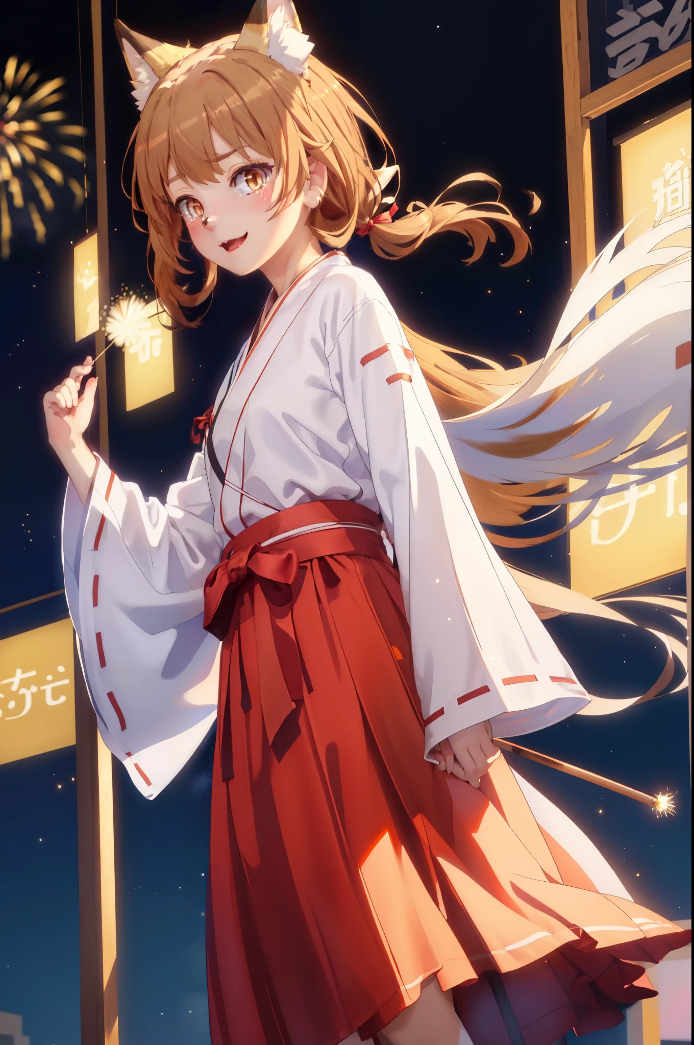 irohaisshiki, iroha isshiki, long hair, brown hair, (brown eyes:1.5), happy smile, smile, open your mouth,short braided hair,ponytail,animal ears　fox ears,Animal tail　fox tail,Platycodon,Miko, kimono, red hakama,kimono, same as skirt, wide sleeve, long sleeve, ribbon trim sleeves, 
低いponytail, fireworks in the night sky、fireworks、The place is a fireworks display,Time is night,sunny day,全身がイラストに入るように
break indoors, festival,
break looking at viewer,
break (masterpiece:1.2), highest quality, High resolution, unity 8k wallpaper, (figure:0.8), (beautiful deしっぽed eyes:1.6), extremely deしっぽed face, perfect lighting, extremely deしっぽed CG, (perfect hands, perfect anatomy),