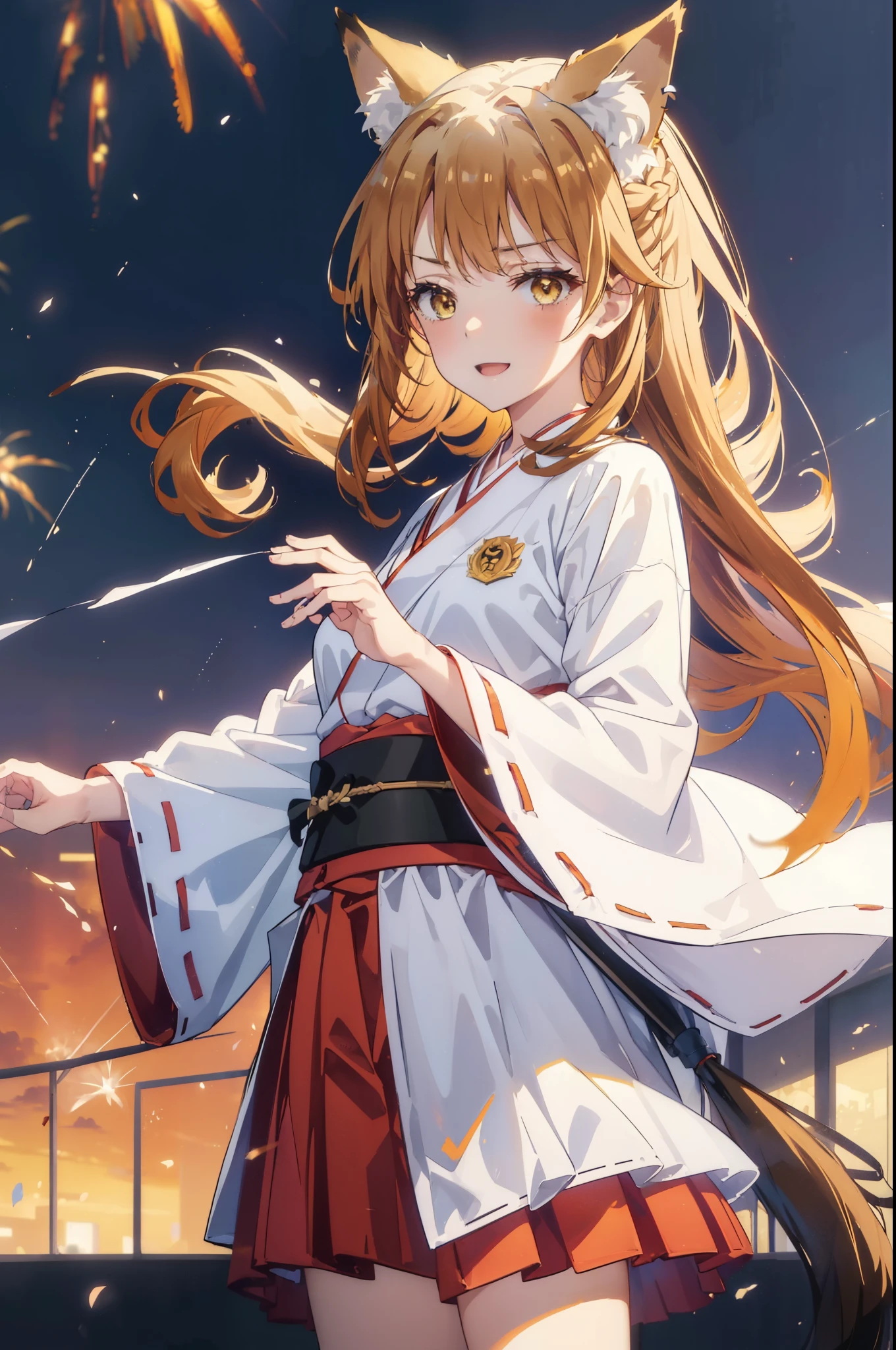 irohaisshiki, iroha isshiki, long hair, brown hair, (brown eyes:1.5), happy smile, smile, open your mouth,short braided hair,ponytail,animal ears fox ears,Animal tail fox tail,Platycodon,Miko, kimono, red hakama,kimono, same as skirt, wide sleeve, long sleeve, ribbon trim sleeves,
低いponytail, fireworks in the night sky、fireworks、The place is a fireworks display,Time is night,sunny day,全身がイラストに入るように
break indoors, festival,
break looking at viewer,
break (masterpiece:1.2), highest quality, High resolution, unity 8k wallpaper, (figure:0.8), (beautiful deしっぽed eyes:1.6), extremely deしっぽed face, perfect lighting, extremely deしっぽed CG, (perfect hands, perfect anatomy),