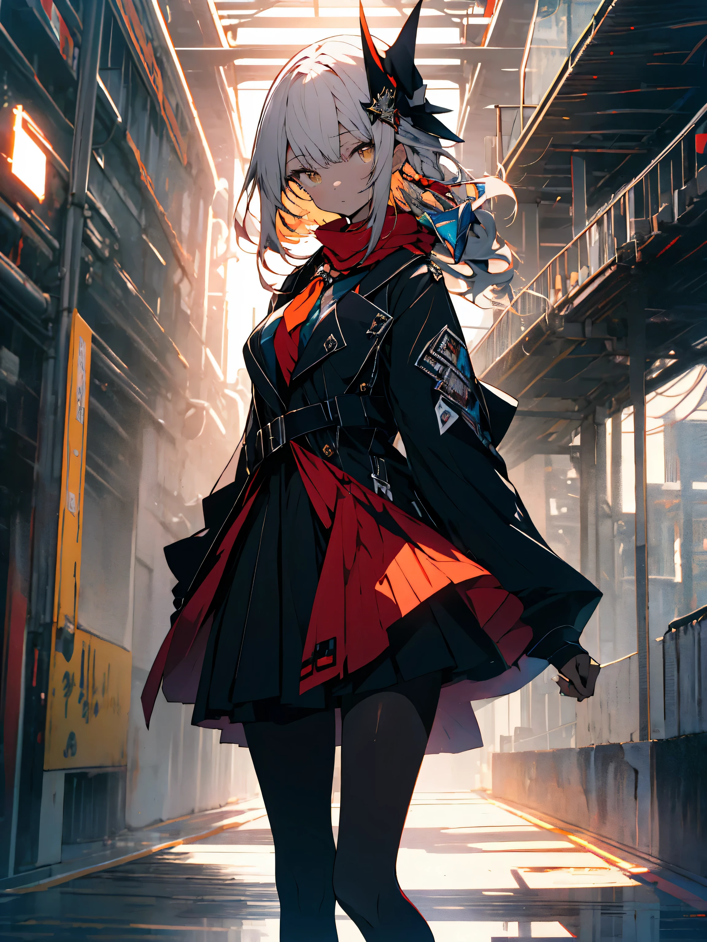 1 girl, masterpiece, 最high quality, high quality, olga_marie, white_hair, orange_eye, LONG hair, hair between the eyes, long sleeve, Jacket, red ascot, dress, skirt, pantyhose, very long hair, cowboy shot,