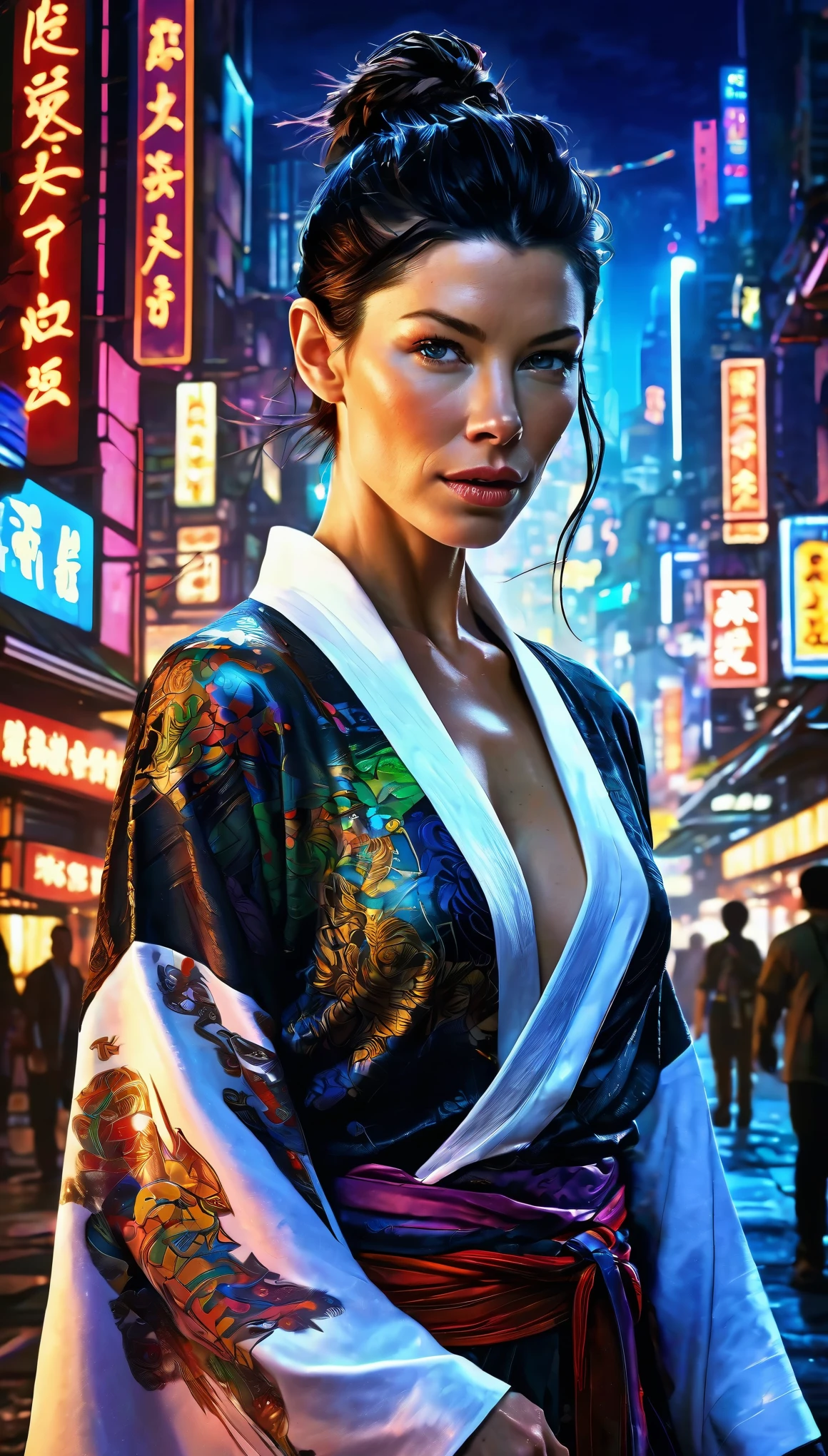 perfect artwork of John Blanche, (Jessica biel:Evangeline Lilly) short black hair, white open kimono, fully body tattoos, serious face, in action cinema pose looking in camera. Digital art. trending composition. vibrant side lighting, centered in a vibrant, technicolor cyberpunk detailed city landscape. night neon lighting. masterpiece, best quality, layered lighting, (1girl).
