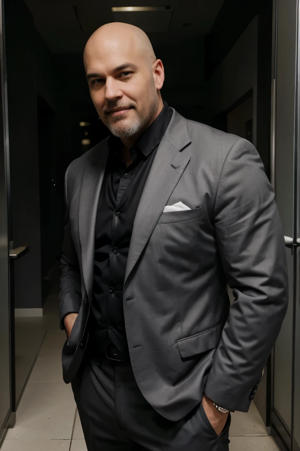 a heavy set man smiling with bald head and closely trimmed gray beard wearing a black suit