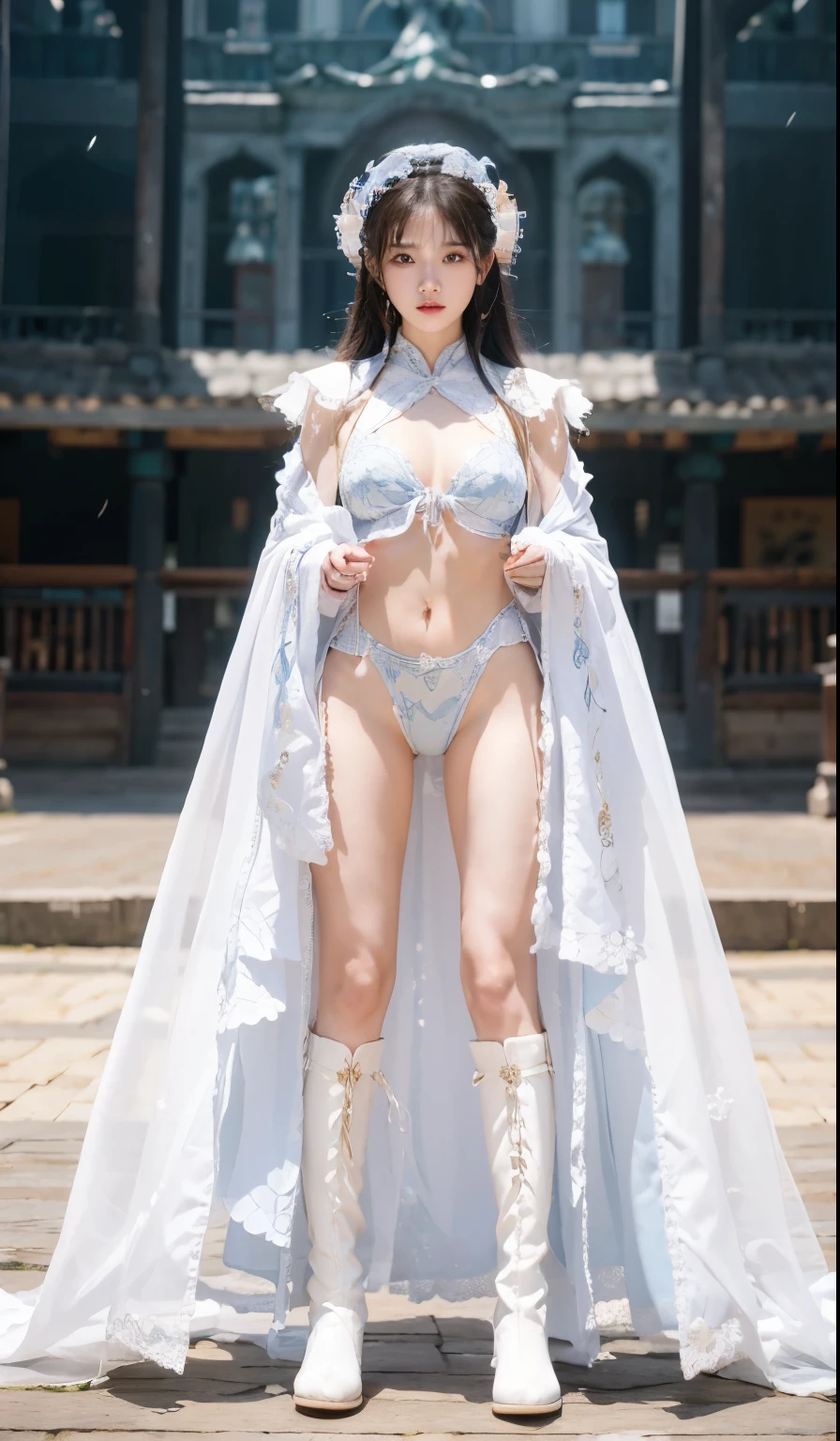 beautiful and delicate woman,The details of the eyes and face are very rich, exquisite eyes, super detailed, High resolution, The content is very detailed,best quality,EnLightenment,Unite,8k wallpaper,masterpiece,best quality,imagine,1 girl,China costume, Wear sexy blue bikini armor,metal style, Super big breasts, big breasts, high-cut underwear, 盔甲有圖案metal style的, Big blue priest cloak,priest hat,standing posture,long legs,Put on powder blue and white boots,look at the audience,Face the audience,flowing long hair,Surreal 8000g,Impeccable,masterpiece,professional artwork,famous artwork,Light,movie bloom,perfect face,pretty face,fantasy,Dreamy and magical,not real,intricate details,Exquisite pattern…Korean woman’s face