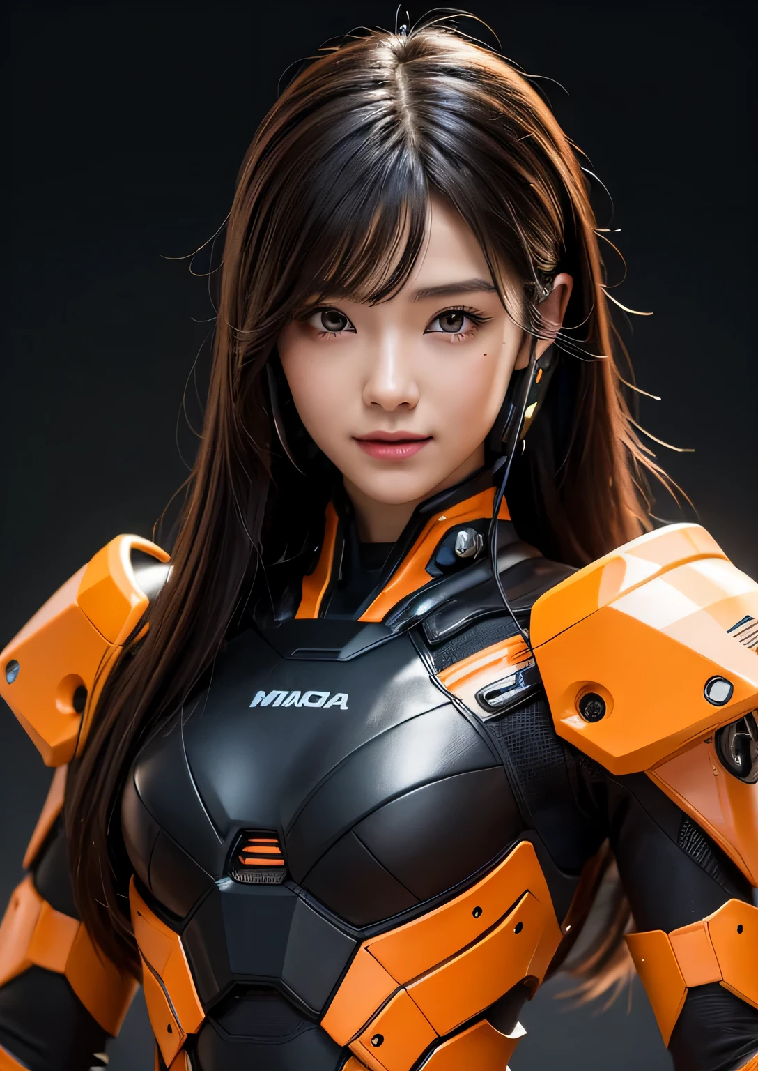 Textured skin, Super Detail, high details, High quality, Best Quality, hight resolution, 1080p, hard disk, Beautiful,beautiful woman,Mecha Cyborg Girl,,Girl with a Mecha suit,full body photo, 22 years old asian beautiful girl with((black long hair)), black combined with orange and half-leathered neon orange lining-armor suit, small futuristic headset on, 1girl, serious smile, with multicolor chart, beautiful brown eyes, long hair, realistic,  
,3d animation, boombastic side eyes, spaceship command center background, ,Fulll body Shot