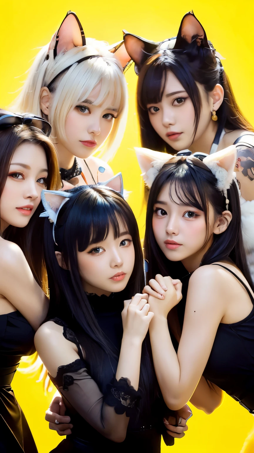 Masterpiece, 4k, Bokeh, beautiful face, Harem, (multiple girls:1.4), (Group Photo:1.5), (Cat ears:1.3), (white bob hair:1.3), looking at the viewer, (white background :1.4), closeup