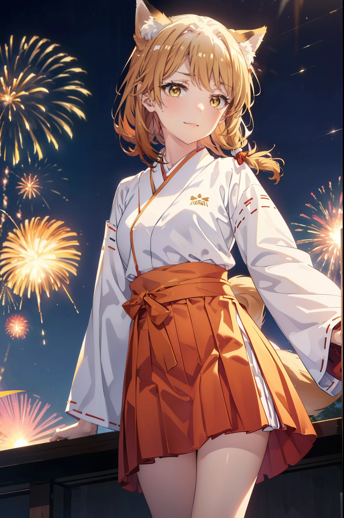 irohaisshiki, iroha isshiki, long hair, brown hair, (brown eyes:1.5), happy smile, smile, open your mouth,short braided hair,ponytail,animal ears fox ears,Animal tail fox tail,Platycodon,Miko, kimono, red hakama,kimono, same as skirt, wide sleeve, long sleeve, ribbon trim sleeves, white foot bag,草履
低いponytail, fireworks in the night sky、fireworks、The place is a fireworks display,Time is night,sunny day,全身がイラストに入るように
break indoors, festival,
break looking at viewer,
break (masterpiece:1.2), highest quality, High resolution, unity 8k wallpaper, (figure:0.8), (beautiful deしっぽed eyes:1.6), extremely deしっぽed face, perfect lighting, extremely deしっぽed CG, (perfect hands, perfect ???????),