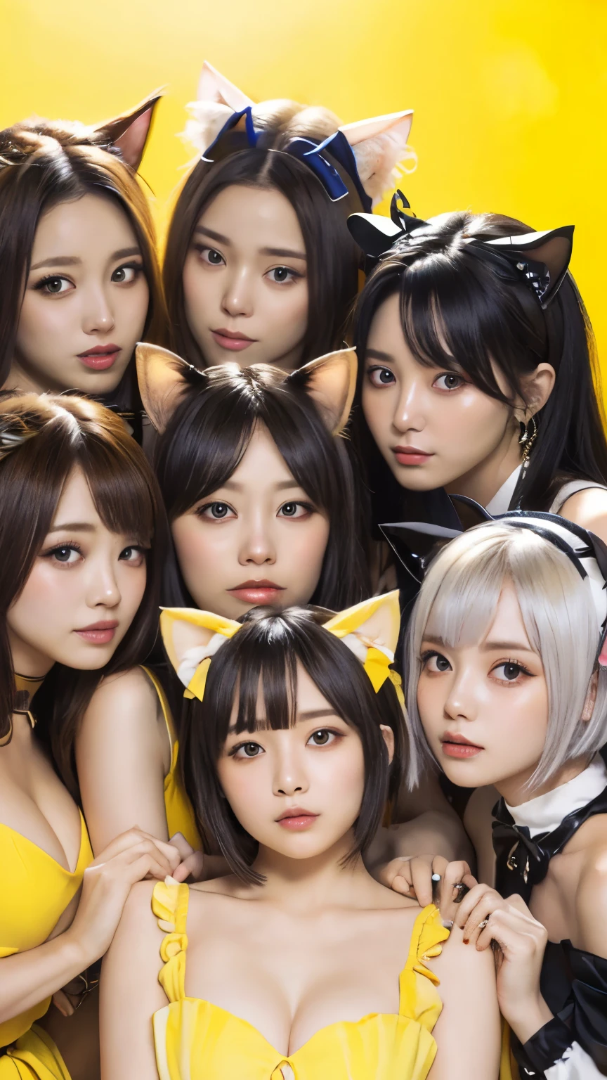 masterpiece, 4k, Bokeh, beautiful face, Harem, (multiple girls:1.4), (Group Photo:1.5), (Cat ears:1.3), (white bob hair:1.3) , looking at the viewer, cowboy shot, holding many cats in both hands, (Yellow background :1.4), closeup