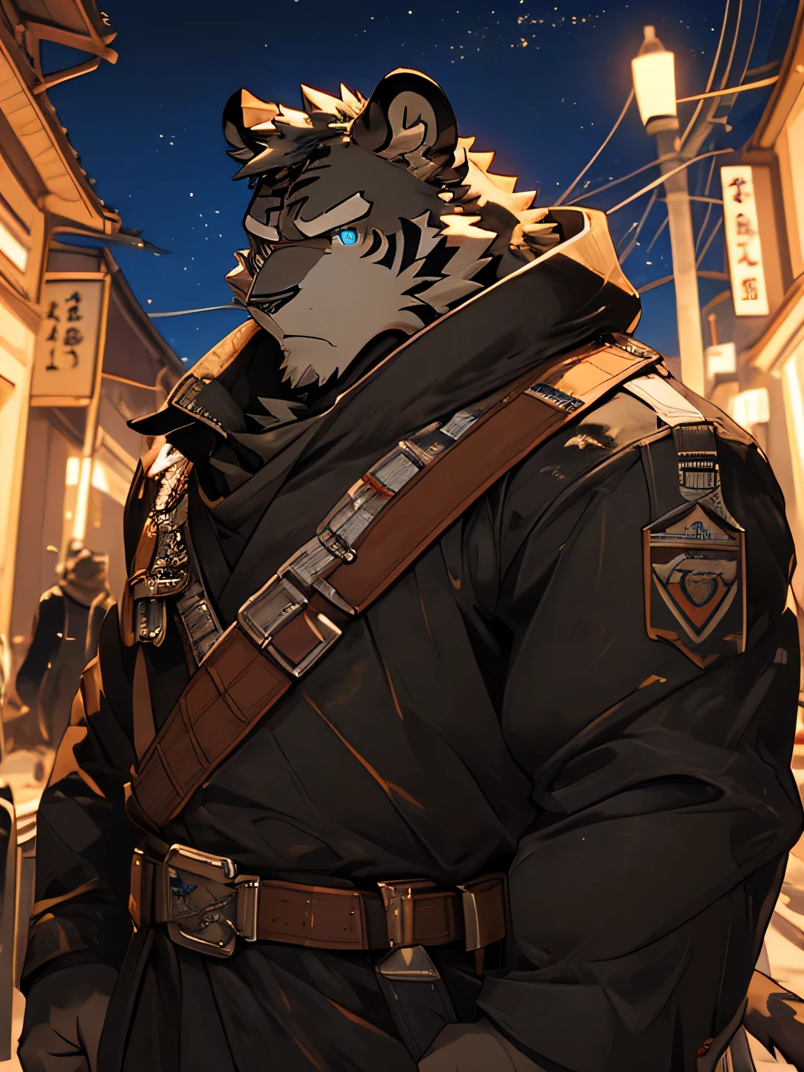 (masterpiece)，Very detailed，(best quality)，fuzzy，tiger，(((black fur)))，blue pupils，extremely strong，Soldier，The background is night，(holding rifle)，(Black camouflage uniform)，(serious expression)，middle aged，8k，(high quality)，Japanese animation