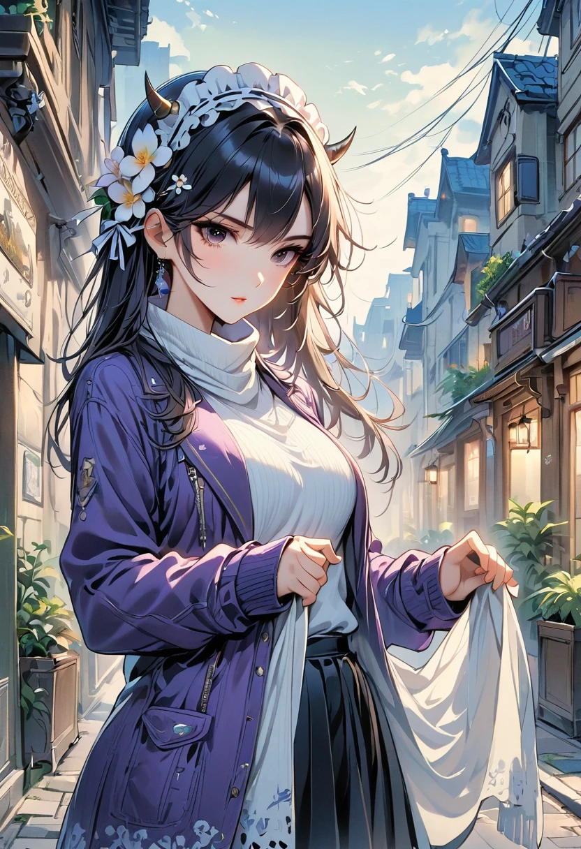 masterpiece, best quality, high resolution, HMSL1, horned headdress, hair flower, x hair accessories, white sweater, purple jacket, flower, long sleeve, Open your clothes, black bow, Sleeves extend beyond wrists, skirt, Cowboy shooting, outdoor, street, permanent
