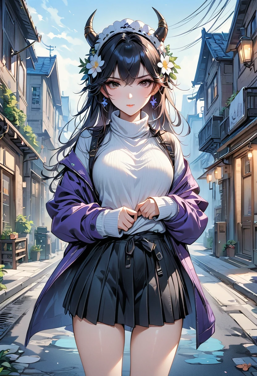 masterpiece, best quality, high resolution, HMSL1, horned headdress, hair flower, x hair accessories, white sweater, purple jacket, flower, long sleeve, Open your clothes, black bow, Sleeves extend beyond wrists, skirt, Cowboy shooting, outdoor, street, permanent