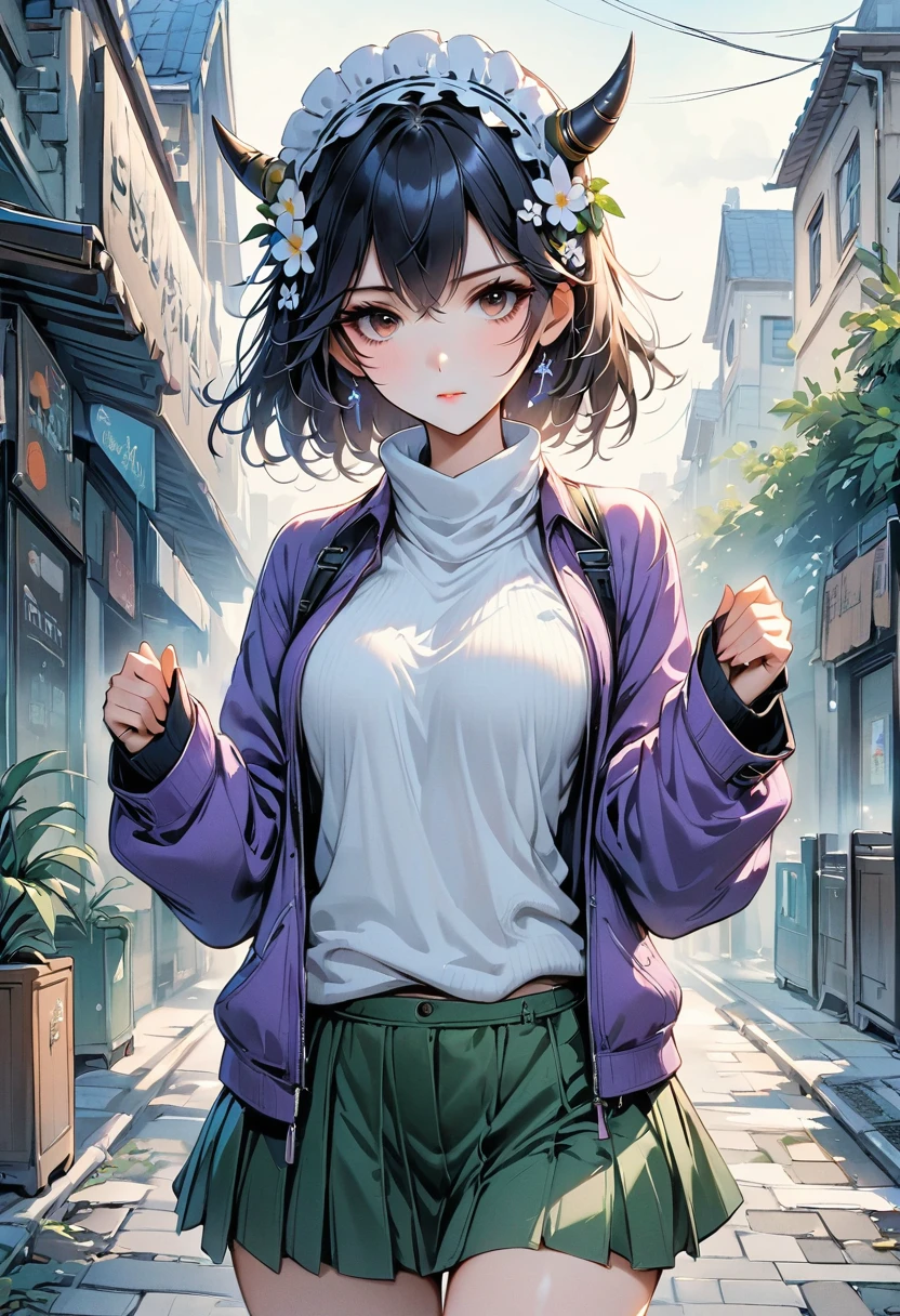 masterpiece, best quality, high resolution, HMSL1, horned headdress, hair flower, x hair accessories, white sweater, purple jacket, flower, long sleeve, Open your clothes, black bow, Sleeves extend beyond wrists, skirt, Cowboy shooting, outdoor, street, permanent