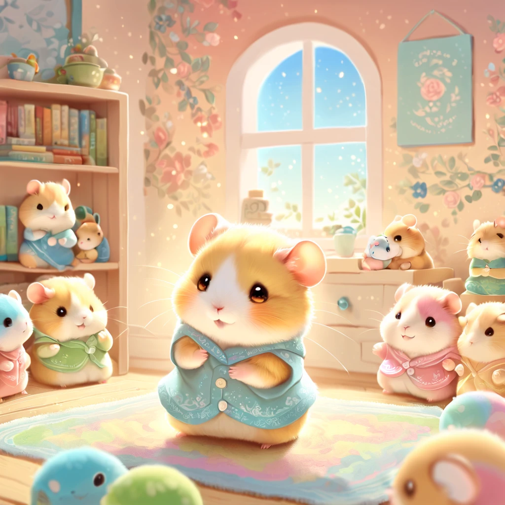 cuteAn illustration,hamsterの幼稚園,hamsterの親子:animal:cute:Snuggle up close:sleep:comfortable and warm:looks happy,An illustration,pop,colorfulに,color,dim,lamp light,hamsterの親子が眠っています:dream happy dreams,The room is warm and full of happiness,,colorful,fancy,fantasy,patchwork:quilt,Detailed details,fluffy,randolph caldecott style,hamster,最高にcutehamster,fluffyhamster,豊富なcolor,Cast colorful spells,concentrated,best configuration,perfect composition,accent,子供が喜ぶAn illustration,For kids,feel warm,wonderful like a dream,幸せで楽しそうなhamster達,Children's toys,dance,children&#39;s room,group photo,Little,Cast colorful spells,Sparkling