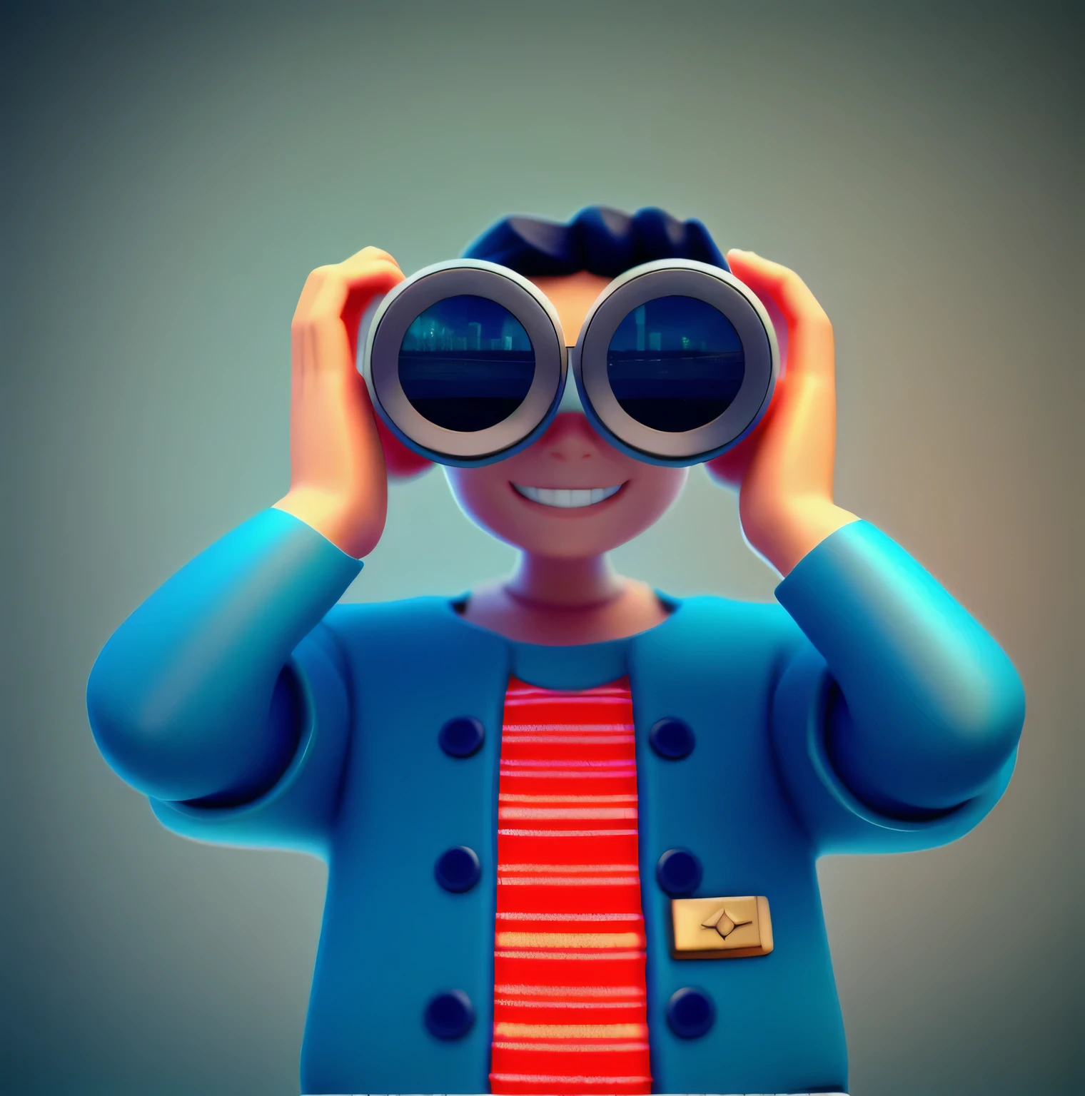 Close-up of a man holding binoculars, looking at the audience, Lovely 3D rendering,Cute 3d anime boy rendering, Lovely and detailed digital art, Male explorer mini cute boy, 3D rendering stylization, 3D rendering character art 8K, cute numbers, Anime style 3D, Ultra-detailed rendering