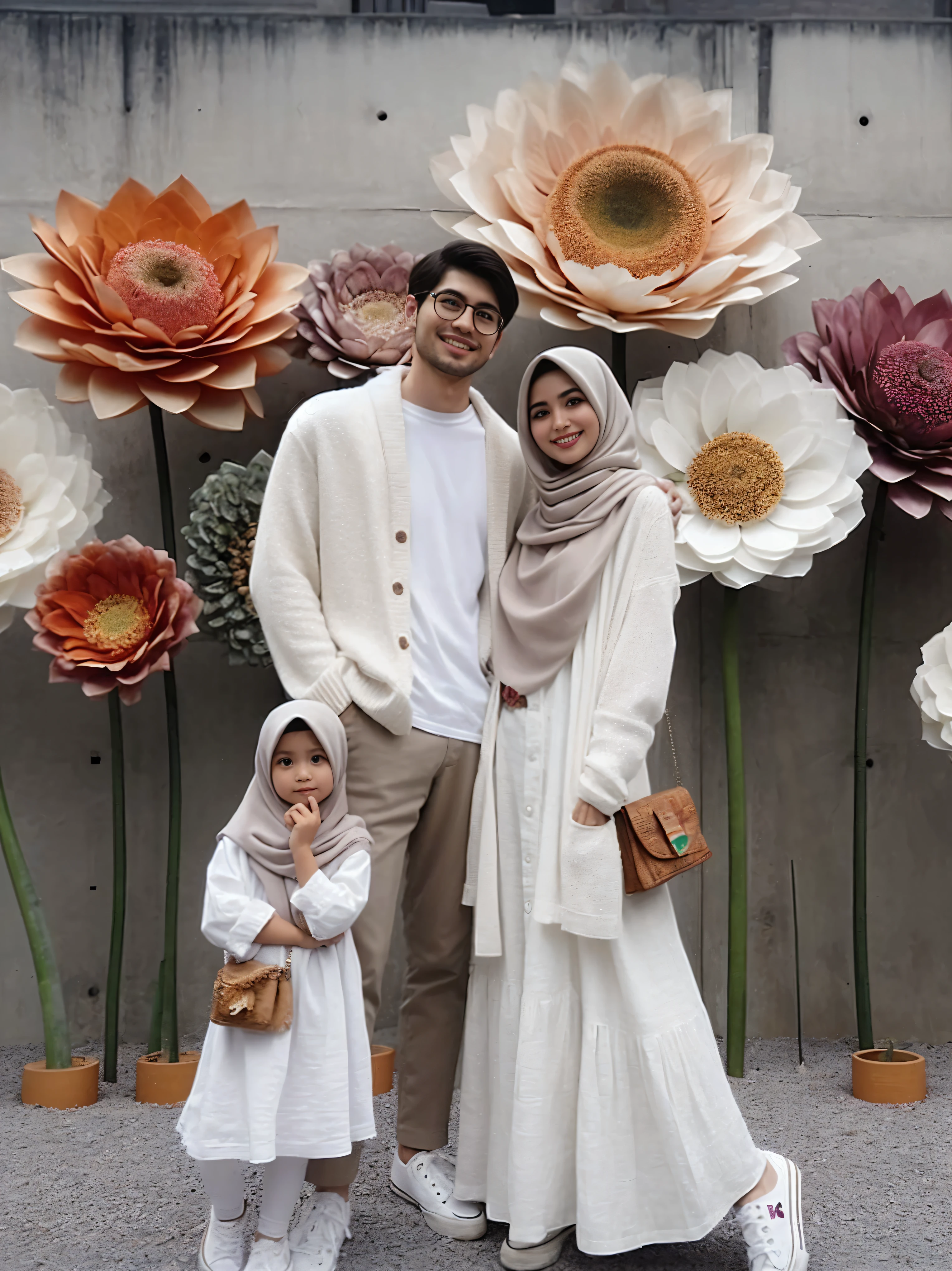 there is a woman and a standing in front of a flower display, giant flowers, hijab, huge blossoms, white hijab, inspired by Fathi Hassan, standing in a flower field, in garden, inspired by Shaddy Safadi, with a kid, modest, with flowers, standing in flower field, instagram picture, beautiful aesthetic