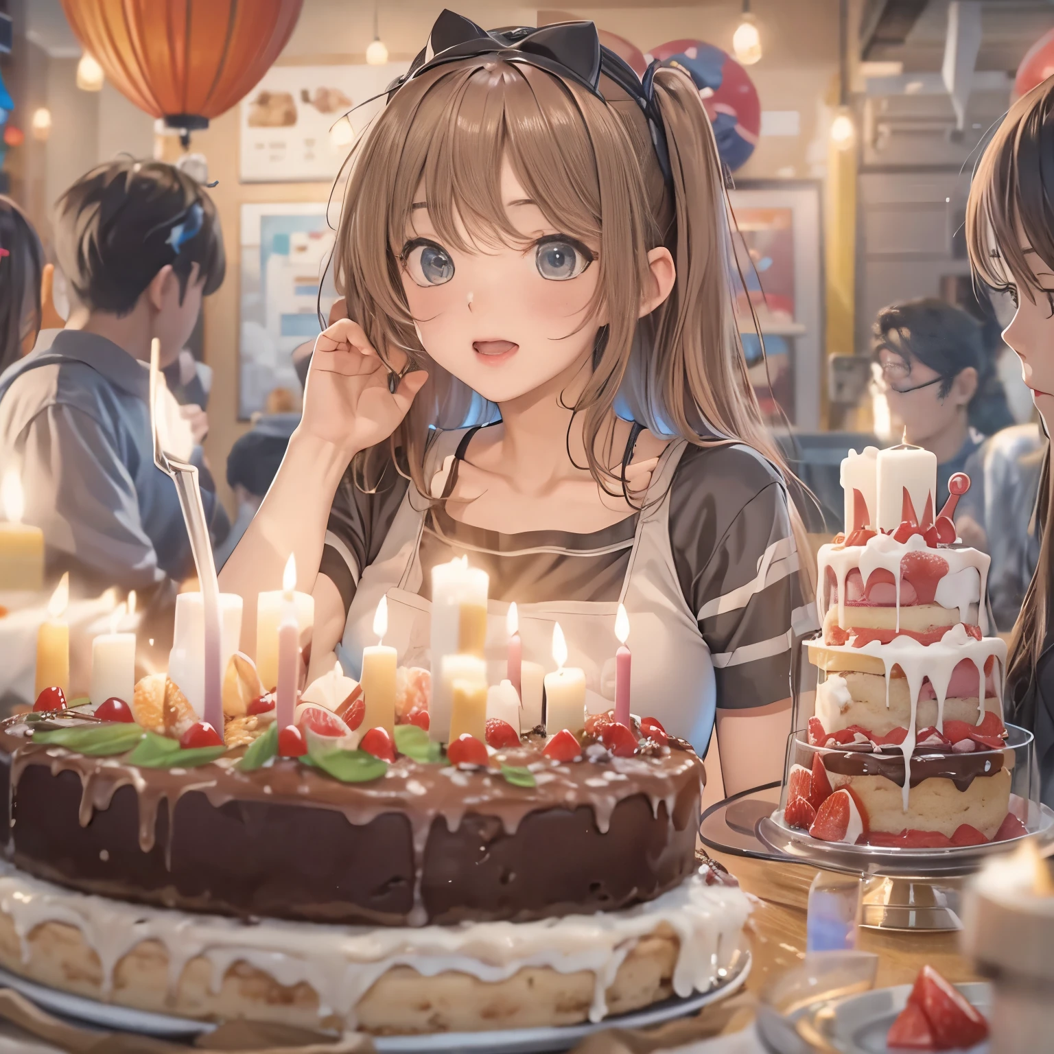 highest quality、realistic anime picture、gag、simple background、1 girl、20-year-old、(troubled expression、Cake with 100 candles:1.5)、Interior decorated for a party、