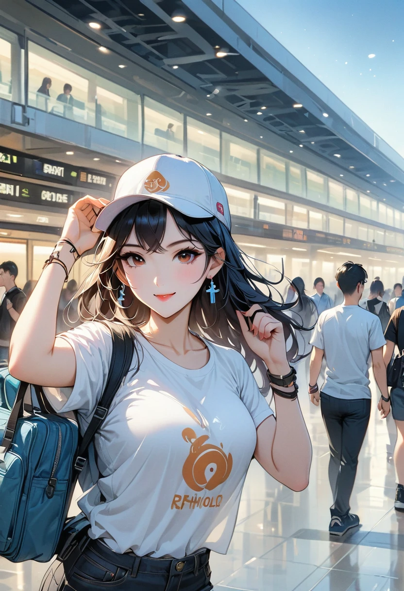 Real photos of Korean women, Cross bangs, smile slightly, t-shirt, at the airport, View, Head-up shooting, vague, ultra high definition, masterpiece, high resolution, 16K  
