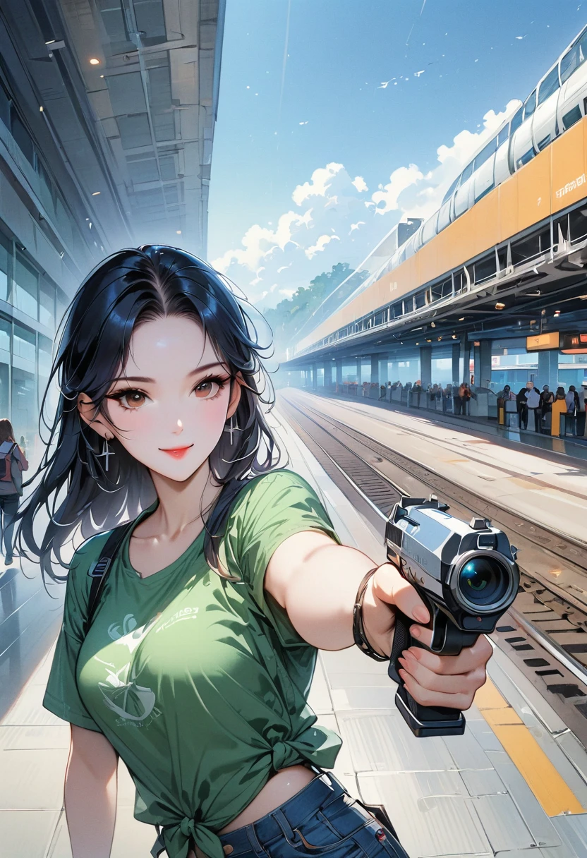 Real photos of Korean women, Cross bangs, smile slightly, t-shirt, at the airport, View, Head-up shooting, vague, ultra high definition, masterpiece, high resolution, 16K