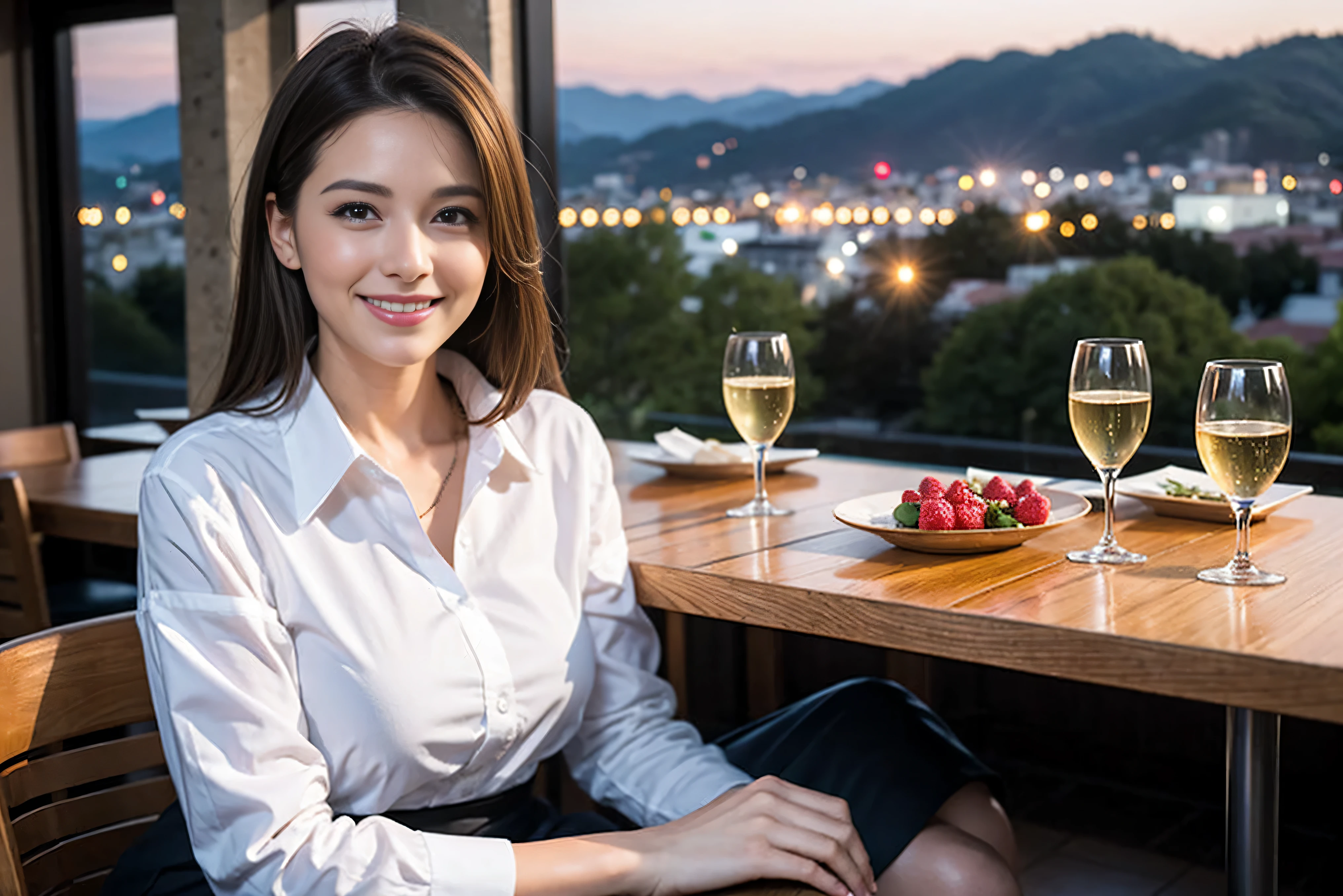 K, Hmm, highest quality, masterpiece: 1.2), (realistic, photorealistic: 1.37), Spectacular view of the sunset sky and clouds、Amazing mountain views、A bright smile、3 slim beauties, (slim face),Happy、 the best smile、Fox face、Berry Short、(because I'thin), (brown hair), (shortcut), long sleeve shirt、winter fashion、Colombian、Brazilian、Japanese、Dutch、German、Portuguese、Belgian、Italian、French,Champagne、sparkling wine、 (Squirting), (slim body), (brown hair), (shortcut), neat beauty、cheeks turn a little red, (42 years old), 38 years old, alone, A beautiful and detailed night view spreads out outside the window........, restaurant, wine glass is sitting, At night, in a prominent place (from the Upper body) nova frog style, actress, model, Upper body, White wine, slim, wine glass, Very beautiful night view, wine glass Put in the Middle, Happy smile, (smile: 1.15),