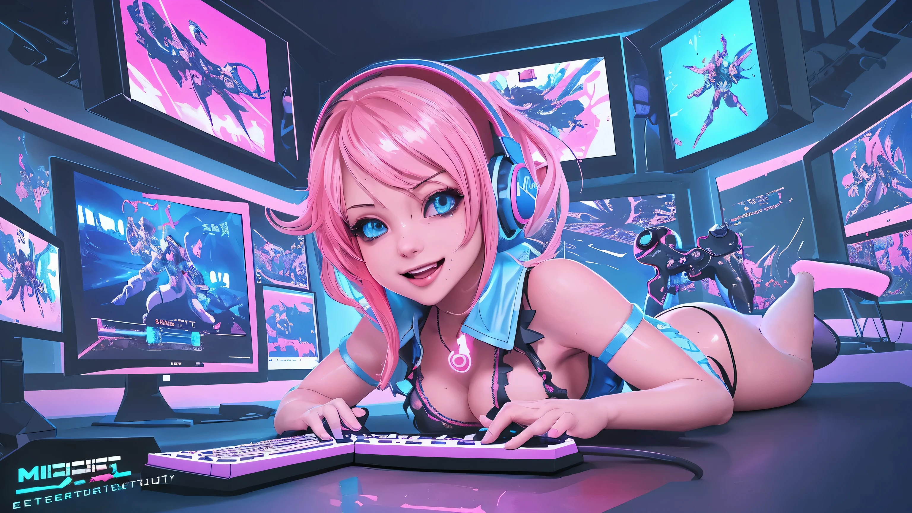 (best quality,4k,highres),ultra-detailed,physically-based rendering,(vivid colors:1.1),(playful expression:1.1),beautiful detailed eyes,beautiful detailed lips,cosplay costume,(dynamic pose:1.1),(dedication to gaming:1.1),energetic and action-packed atmosphere,(immersed in virtual world:1.1),(anime-style artwork:1.1),glowing digital effects,electric blue accents,brightly lit studio with soft lighting,artistic interpretation of video game elements,creative composition,cartoonish style,scenery with video game elements,headphones,console controller,keyboard,attractive background,sexy outfit. Cyberpunk, cute smile, pink blue, sexy lingerie, gaming room