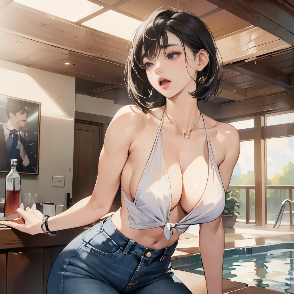 (In 8K、RAW shooting、highest quality、Masseter muscle part:1.2)、Super detailed、super resolution、(realistic、realistic pictures:1.37)、portrait、High-definition RAW color photo、professional photography、hvery detailed and beautiful、very detailed、8K image wallpaper、amazing details、huge file size、official art、Hvery detailed CG Unity 8K wallpapers、hvery detailed beautiful girl、very detailed顔、very detailed目、very detailed肌、とてもthin指、hvery detailed nose、very detailed詳細な口、perfect anatomy、detailed background、detailed clothing、1 girl、(20:1.2)、19 years old. pretty girl、realistic body、、white skin、glowing skin、because I'thin、black haired、((long hair))、(well-groomed bangs: 1.4)、cute face、lifelike face、delicate eyes、ordering sauce、((stylish pool bar))、(((No bra)))、(((上半身のヌードwoman)))、((Wearing damaged jeans))、((woman'chest is exposed))、((standing athletic pose))、((Arms tied with rough rope、girl hanging from the ceiling))、((ULL BODYSHOT with legs spread))、earrings、necklace、bracelet、((face turned to the side))、contrapo、dynamic lighting、((firm B cup))、((cleavage))、(((Close your eyes and yawn loudly)))、((expression of agony))、Pure Erotic Face、perfect proportions、perfect beautiful girl、